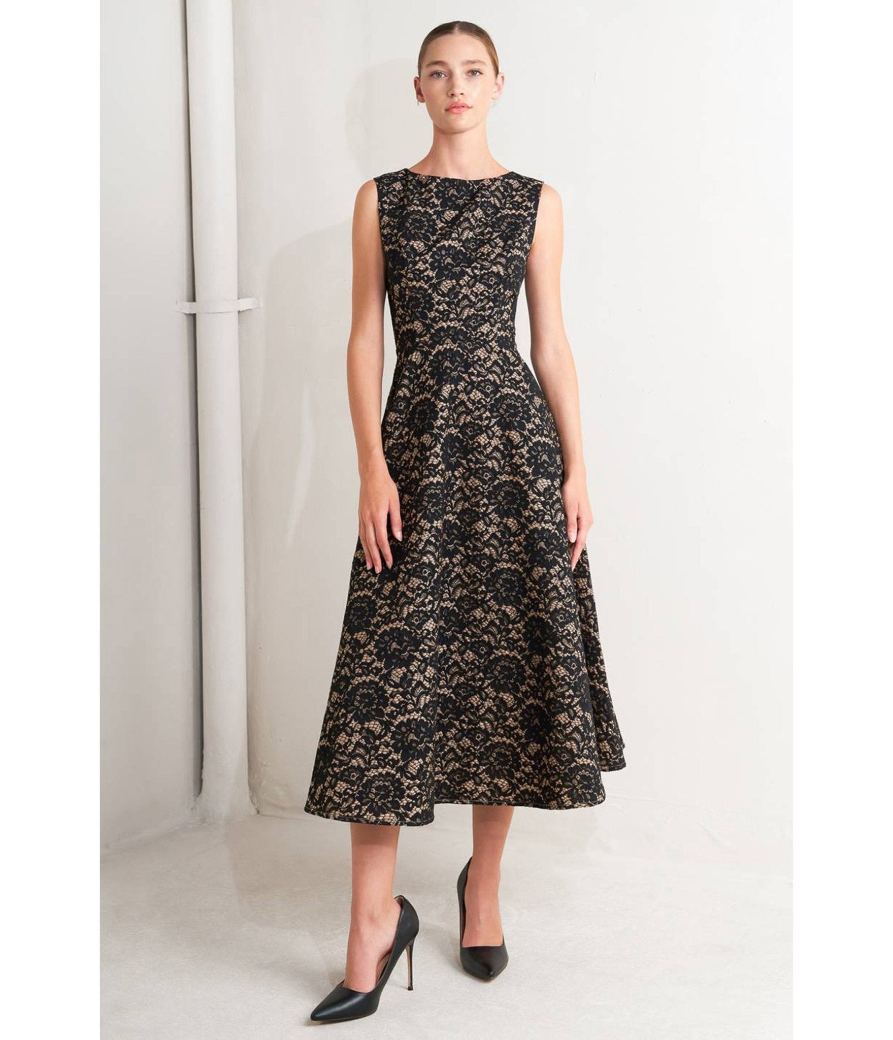 Black Lace Woven Midi Dress - Unique Vintage - Womens, DRESSES, MIDI