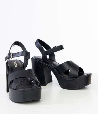 Black Leatherette Cross Strap Chunky Platform Sandals - Unique Vintage - Womens, SHOES, SANDALS