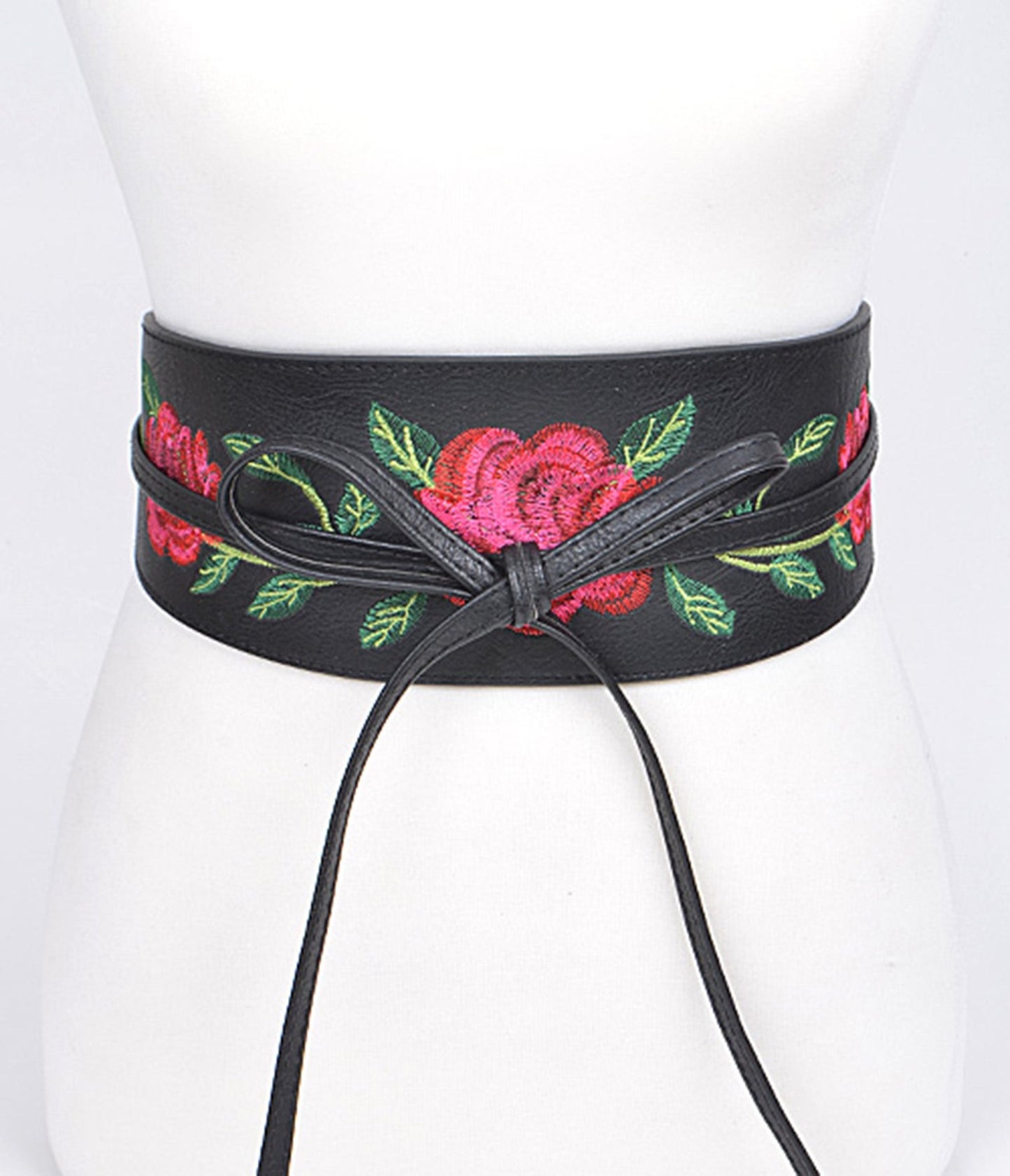 Black Leatherette Floral Tie Belt - Unique Vintage - Womens, ACCESSORIES, HATS