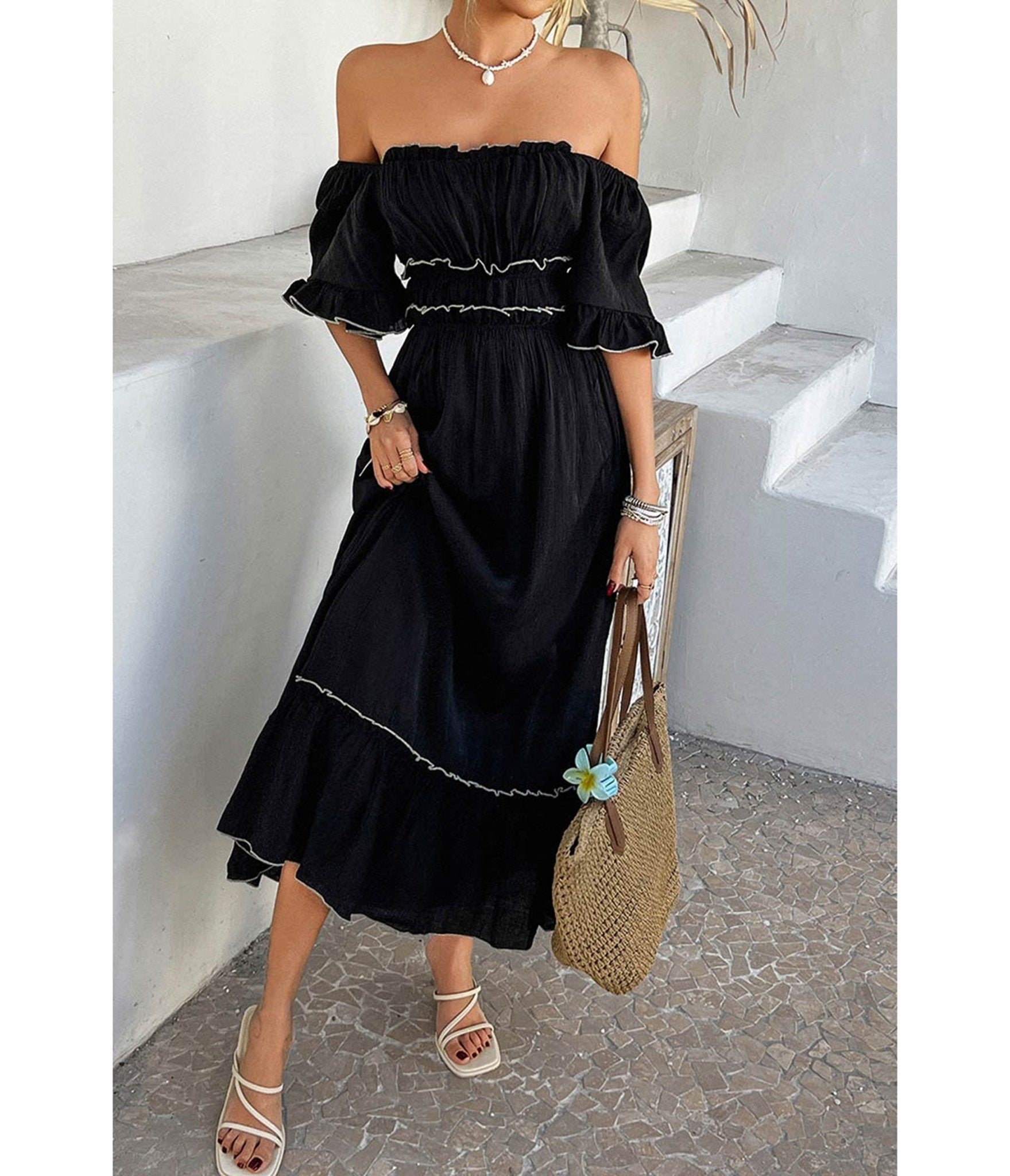 Black Off the Shoulder Ruffle Midi Dress - Unique Vintage - Womens, DRESSES, MIDI