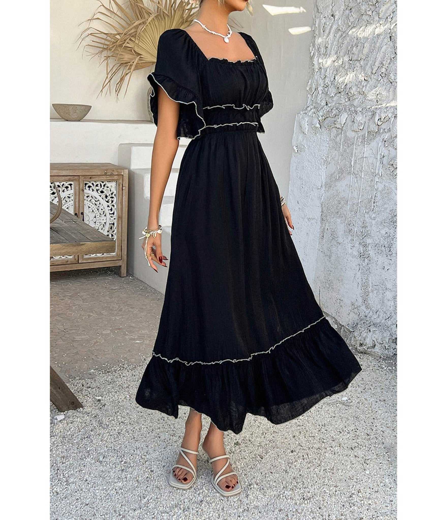 Black Off the Shoulder Ruffle Midi Dress - Unique Vintage - Womens, DRESSES, MIDI