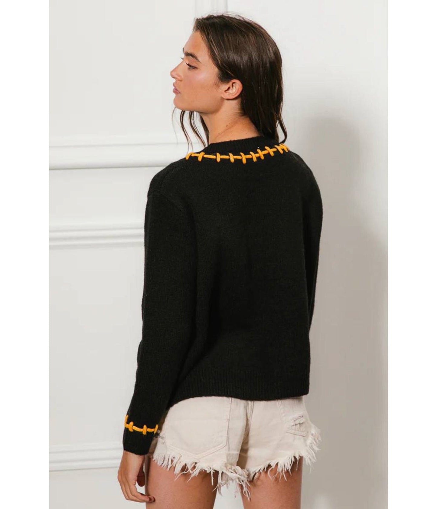 Black & Orange Stitches Jack - O - Lantern Sweater - Unique Vintage - Womens, TOPS, SWEATERS