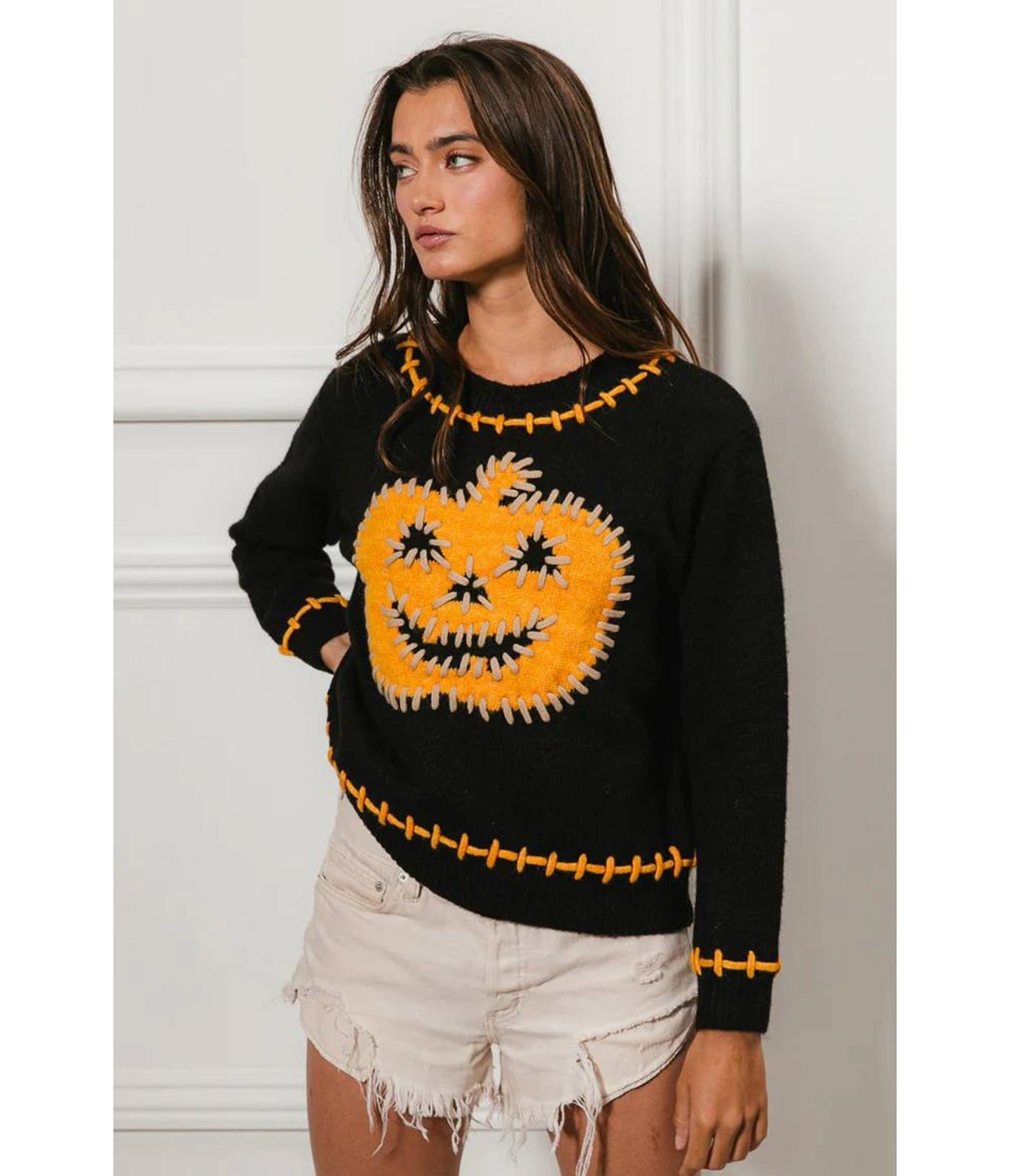 Black & Orange Stitches Jack - O - Lantern Sweater - Unique Vintage - Womens, TOPS, SWEATERS