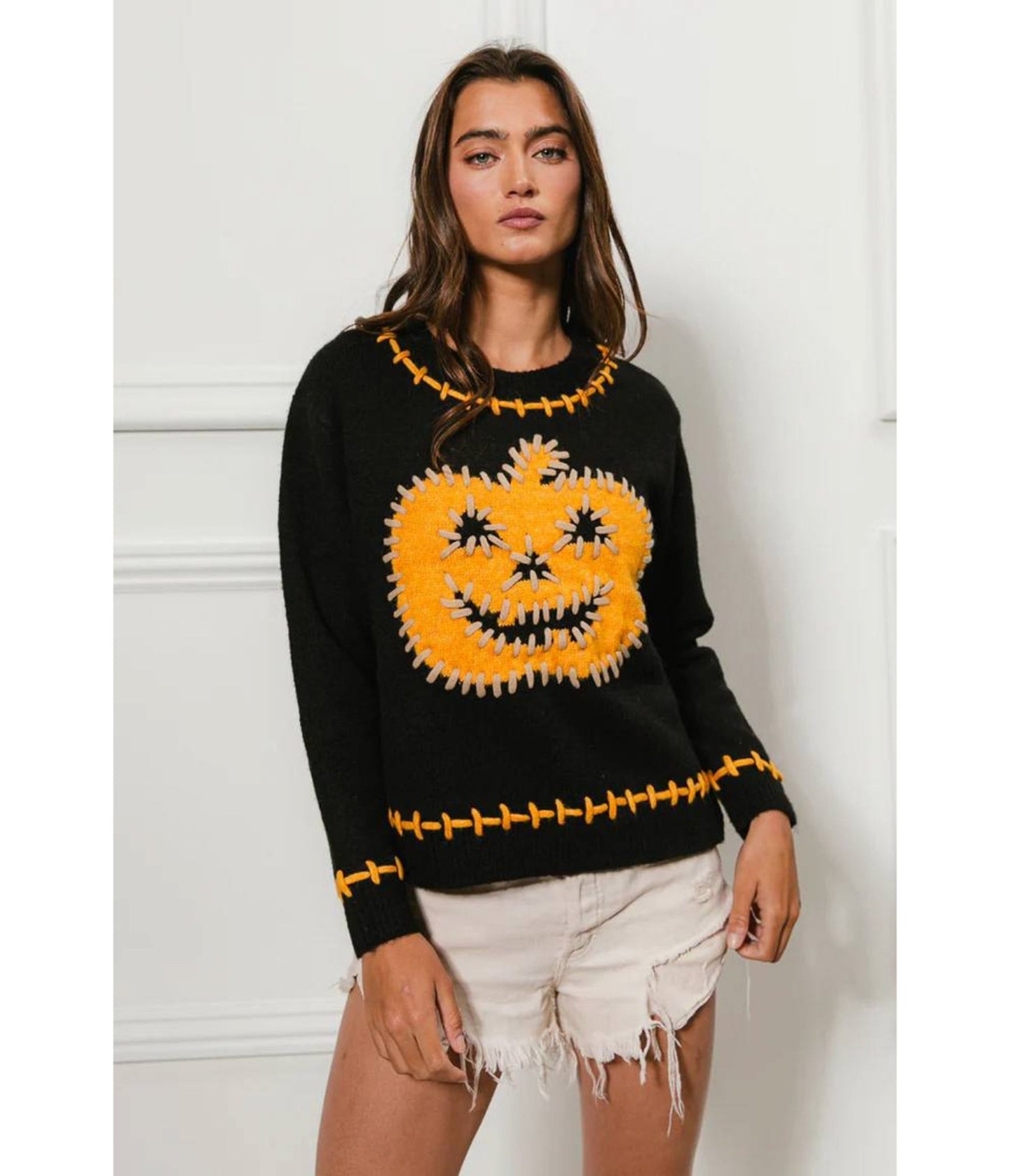 Black & Orange Stitches Jack - O - Lantern Sweater - Unique Vintage - Womens, TOPS, SWEATERS