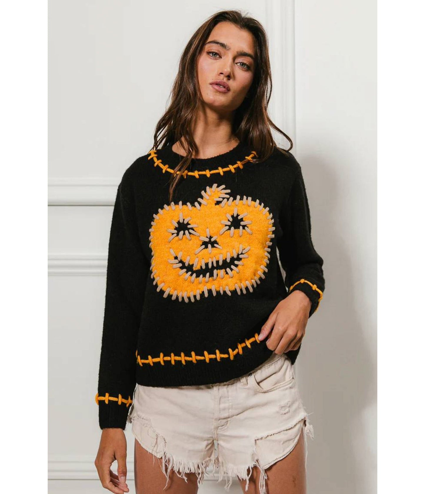 Black & Orange Stitches Jack - O - Lantern Sweater - Unique Vintage - Womens, TOPS, SWEATERS