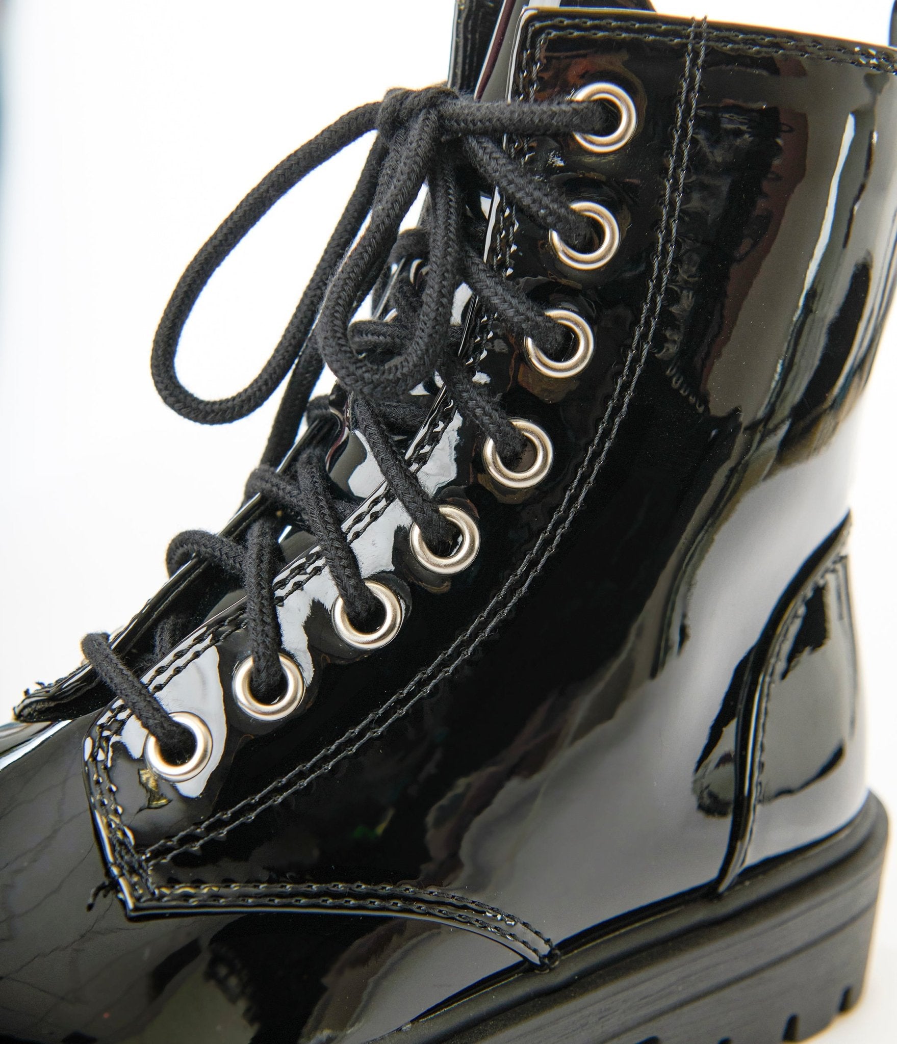 Black Patent Leatherette Lace Up Boots - Unique Vintage - Womens, SHOES, BOOTS