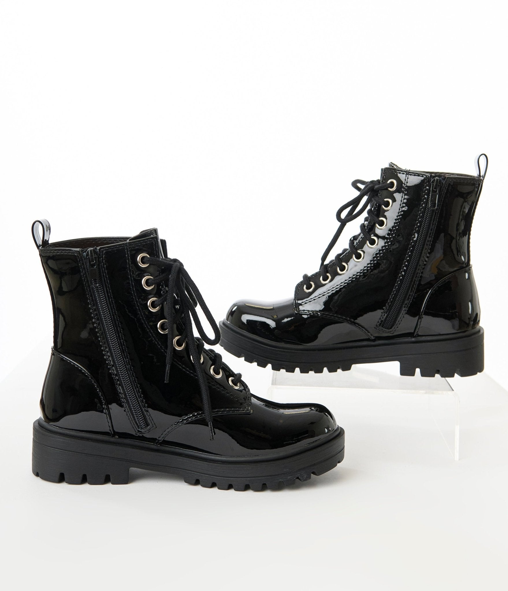 Black Patent Leatherette Lace Up Boots - Unique Vintage - Womens, SHOES, BOOTS