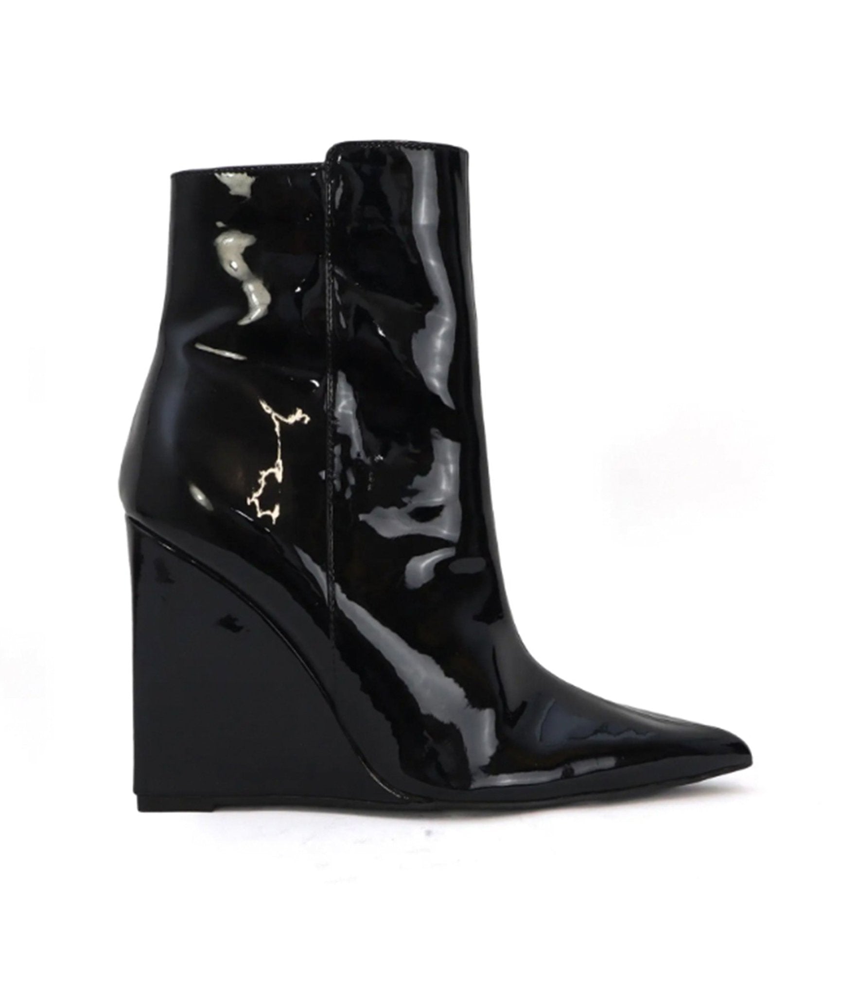 Black Patent Wedge Booties - Unique Vintage - Womens, SHOES, BOOTS