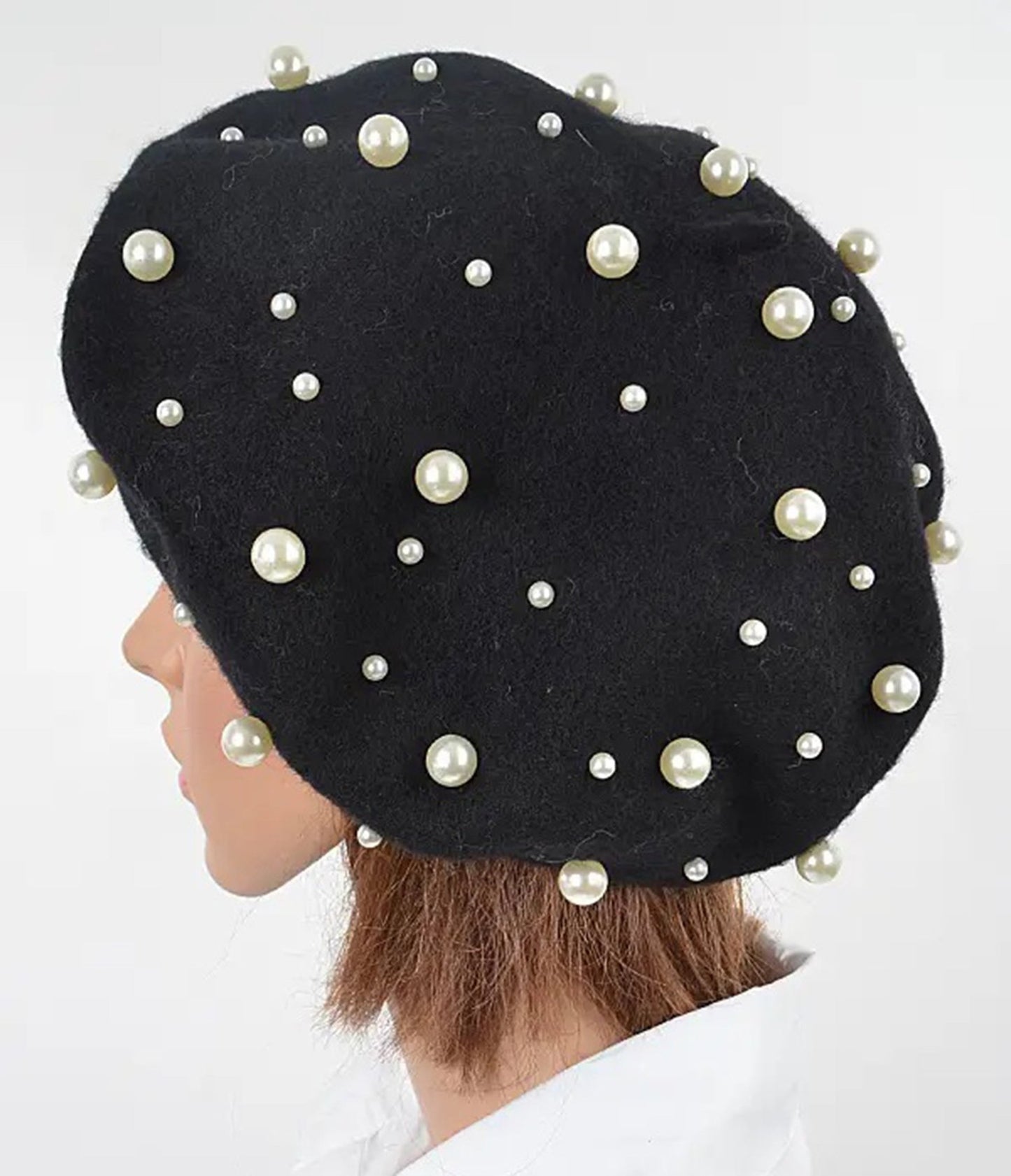 Black & Pearl Beret - Unique Vintage - Womens, ACCESSORIES, HATS