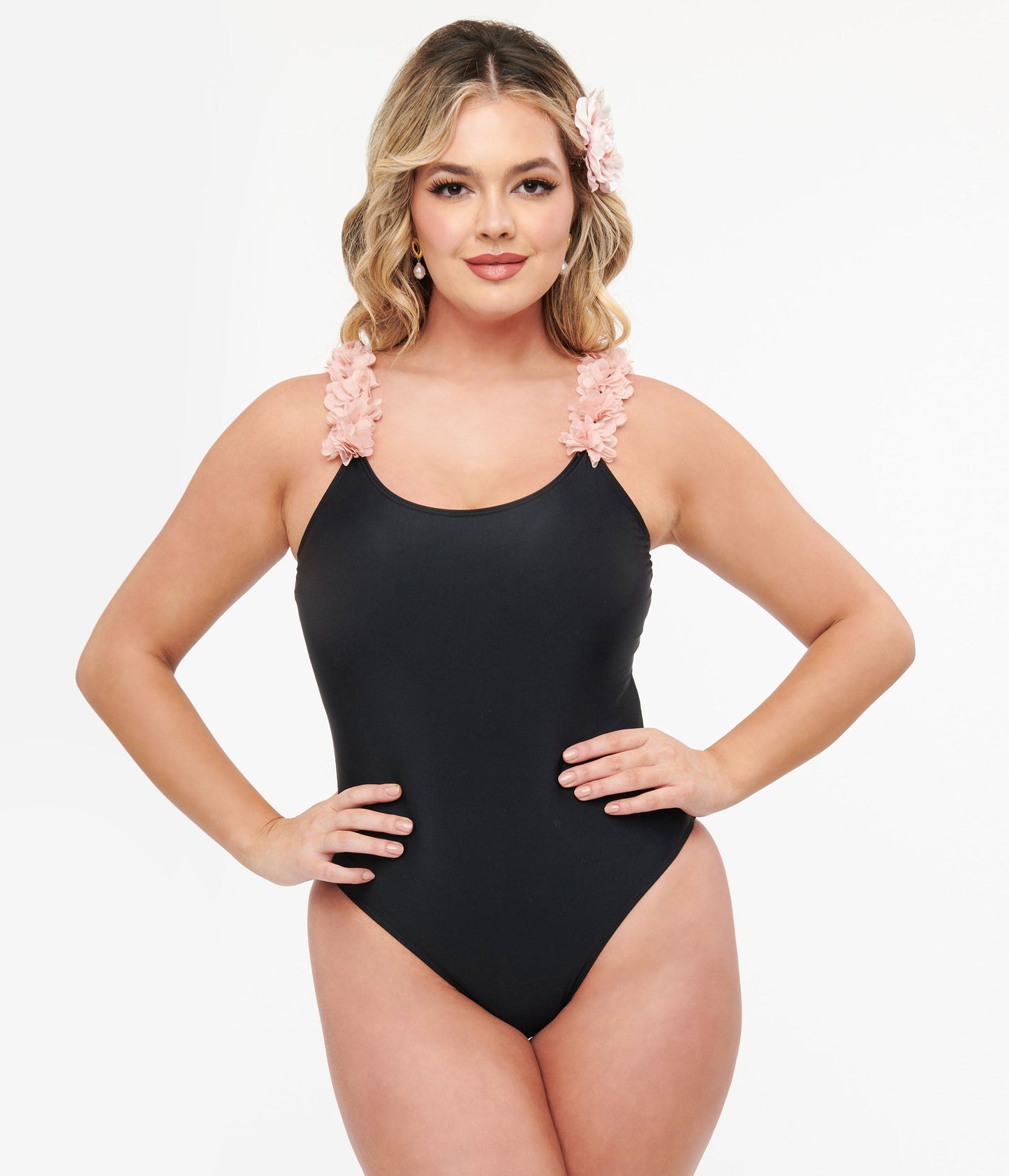 Black & Pink Flower One Piece Swimsuit - Unique Vintage - Womens, SWIM, 1 PC