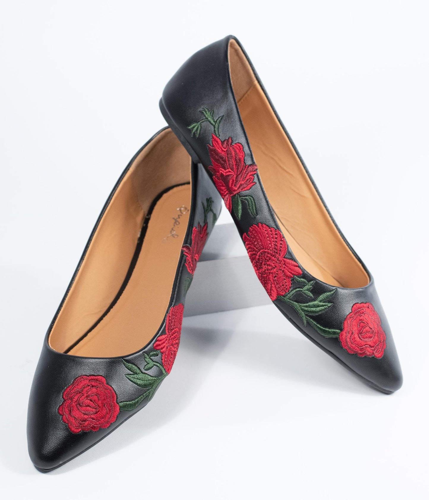 Black & Red Embroidered Florals Leatherette Flats - Unique Vintage - Womens, SHOES, FLATS