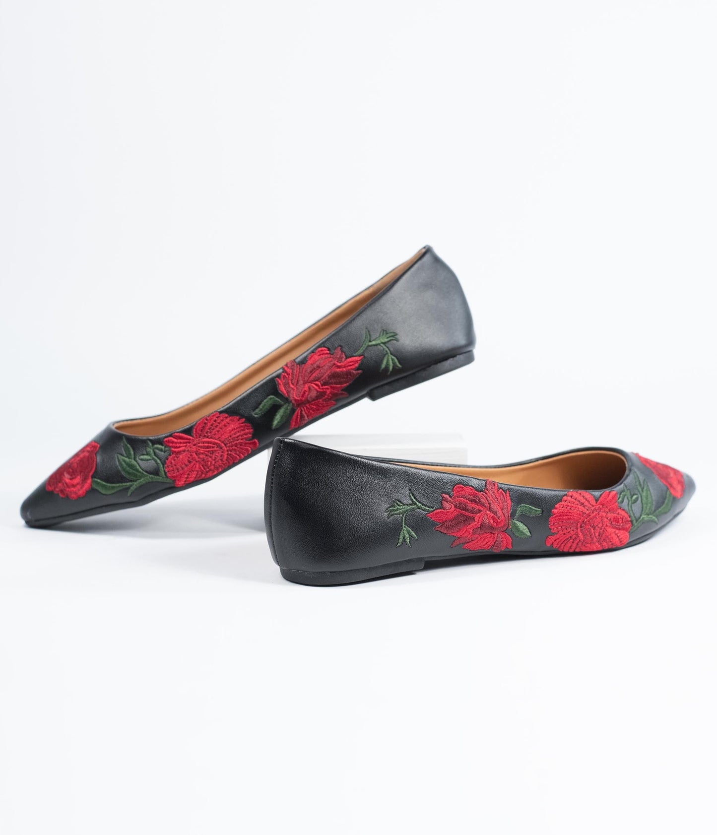 Black & Red Embroidered Florals Leatherette Flats - Unique Vintage - Womens, SHOES, FLATS