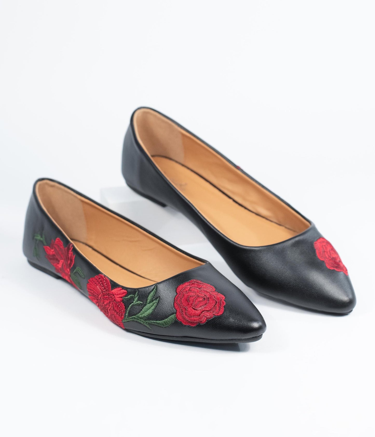 Black & Red Embroidered Florals Leatherette Flats - Unique Vintage - Womens, SHOES, FLATS