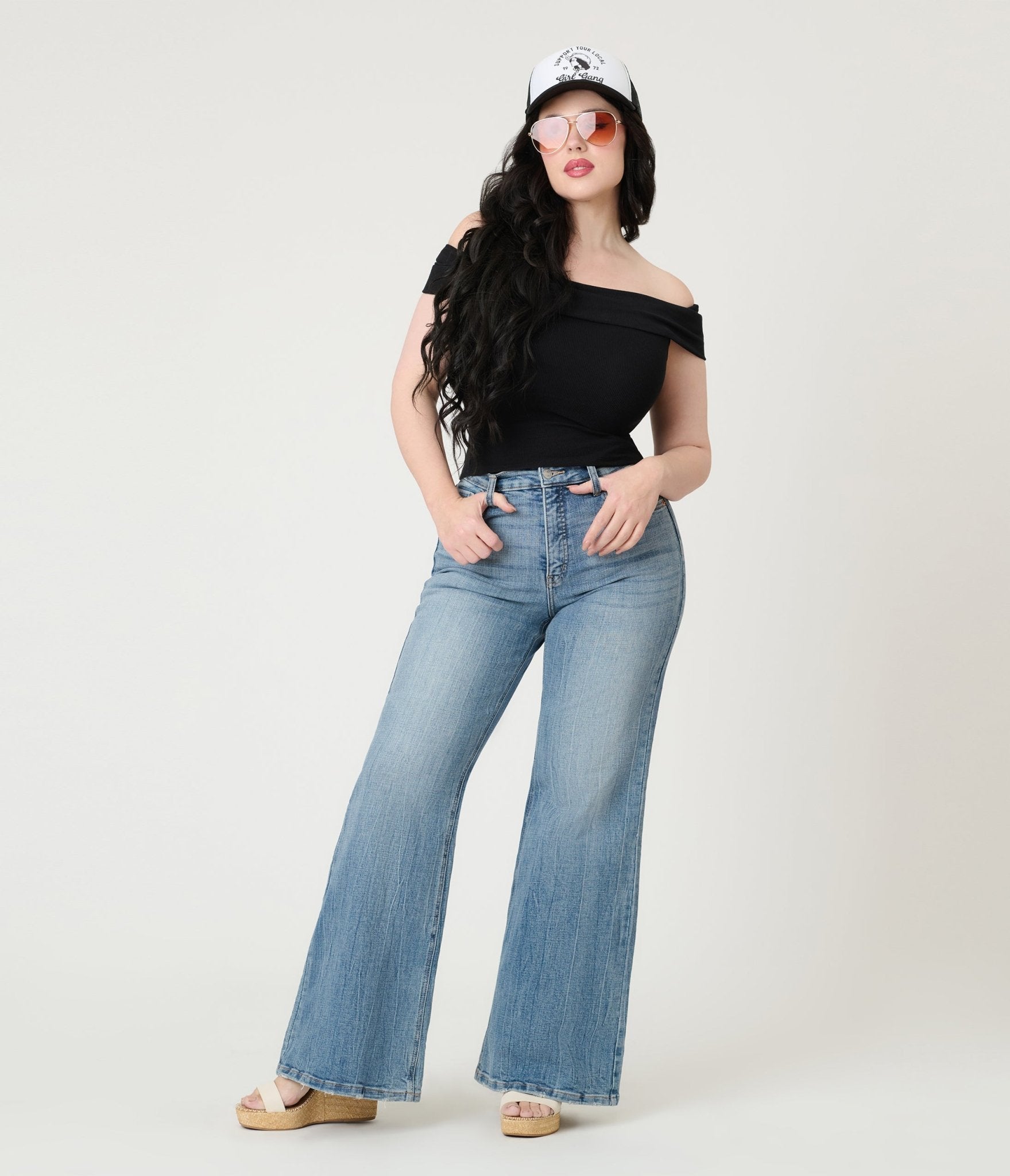Black Ribbed Knit Off The Shoulder Top - Unique Vintage - Womens, TOPS, KNIT TOPS