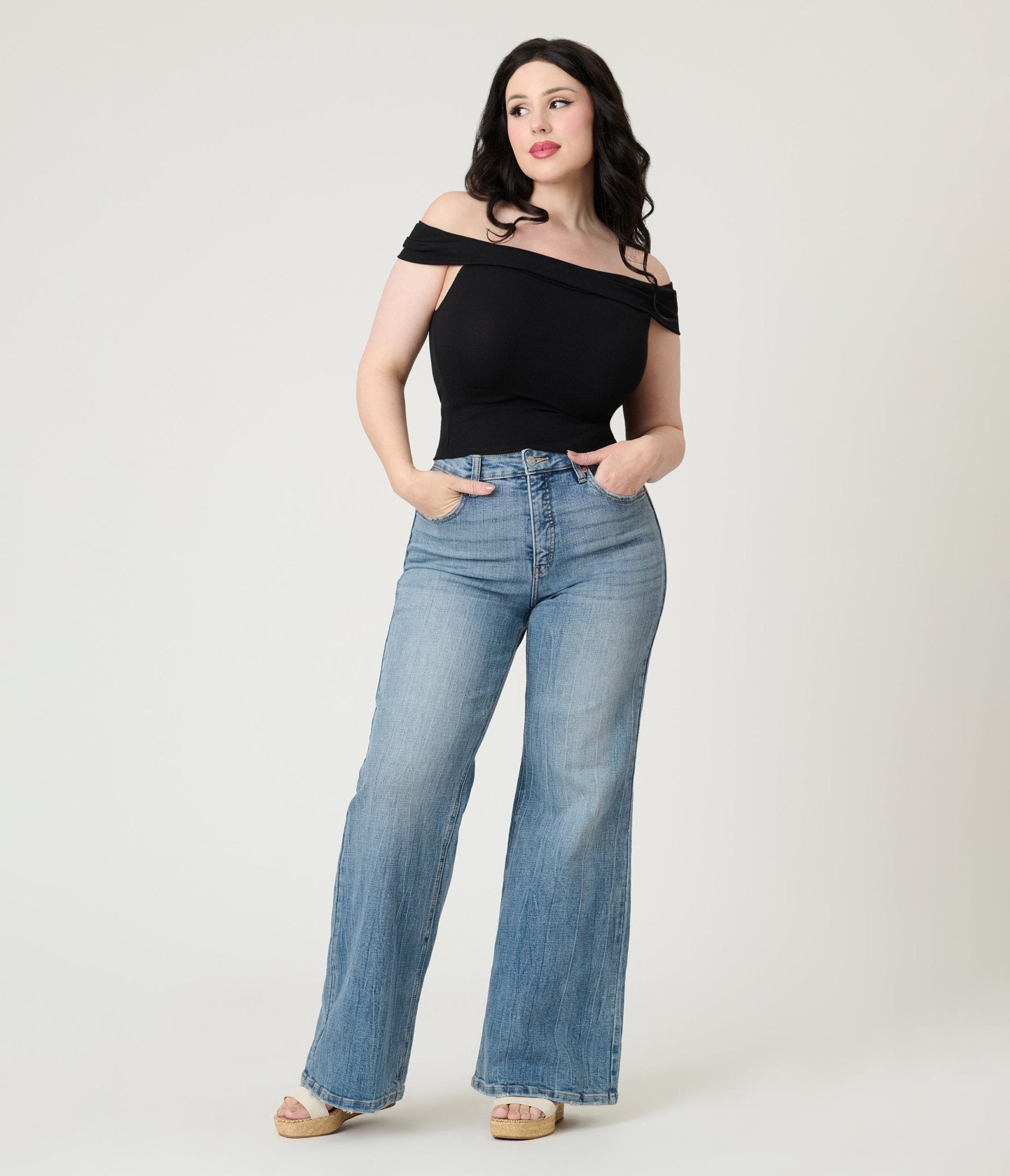 Black Ribbed Knit Off The Shoulder Top - Unique Vintage - Womens, TOPS, KNIT TOPS