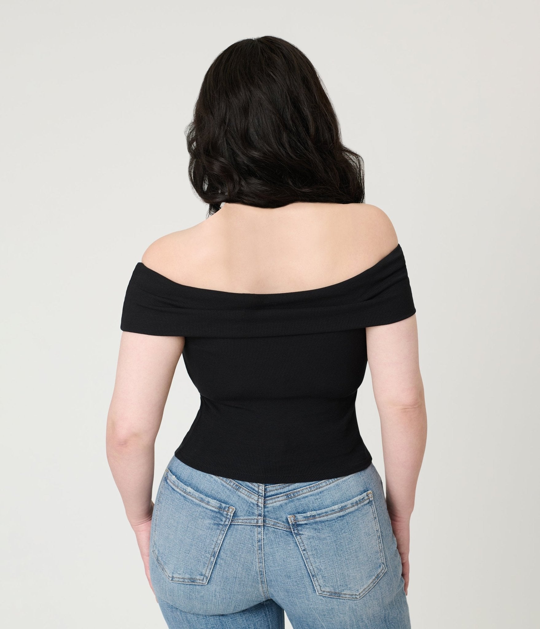 Black Ribbed Knit Off The Shoulder Top - Unique Vintage - Womens, TOPS, KNIT TOPS