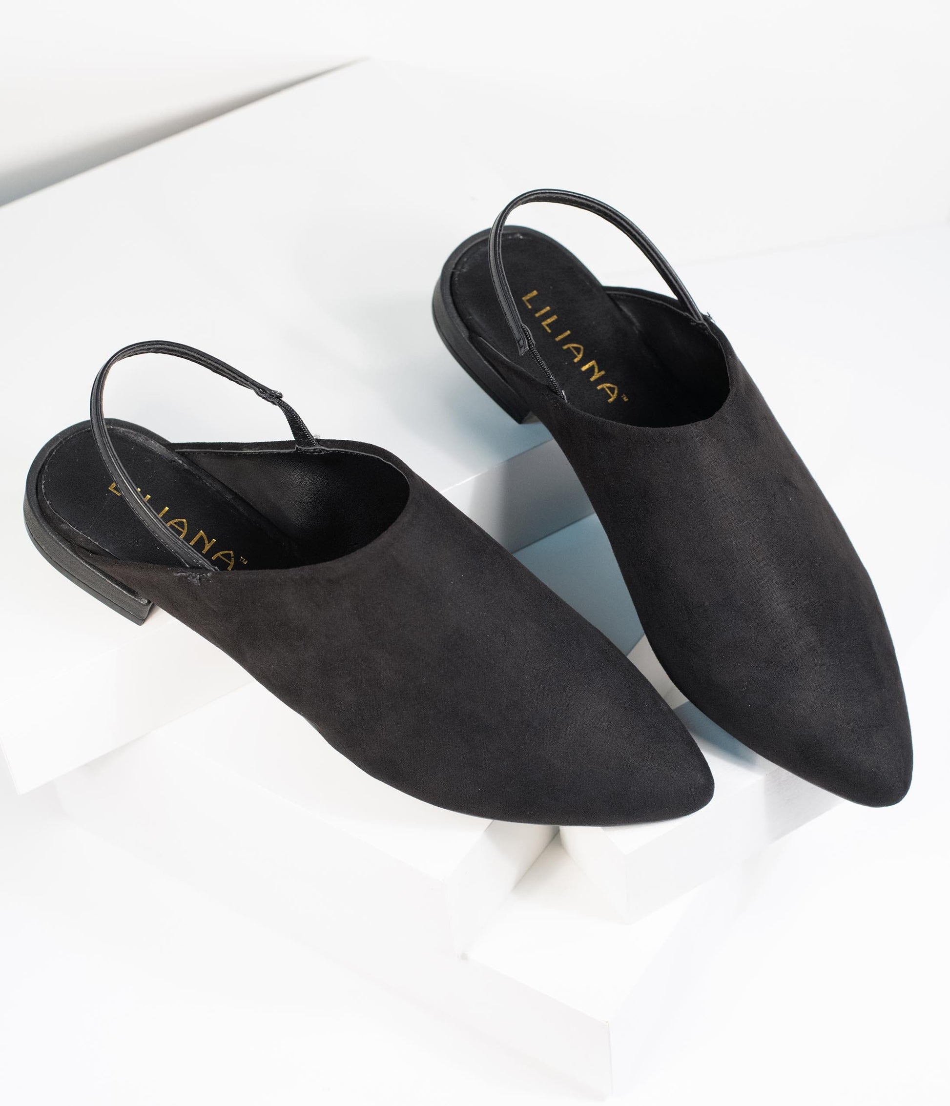 Black Suede Pointed Toe Slingback Flats - Unique Vintage - Womens, SHOES, FLATS