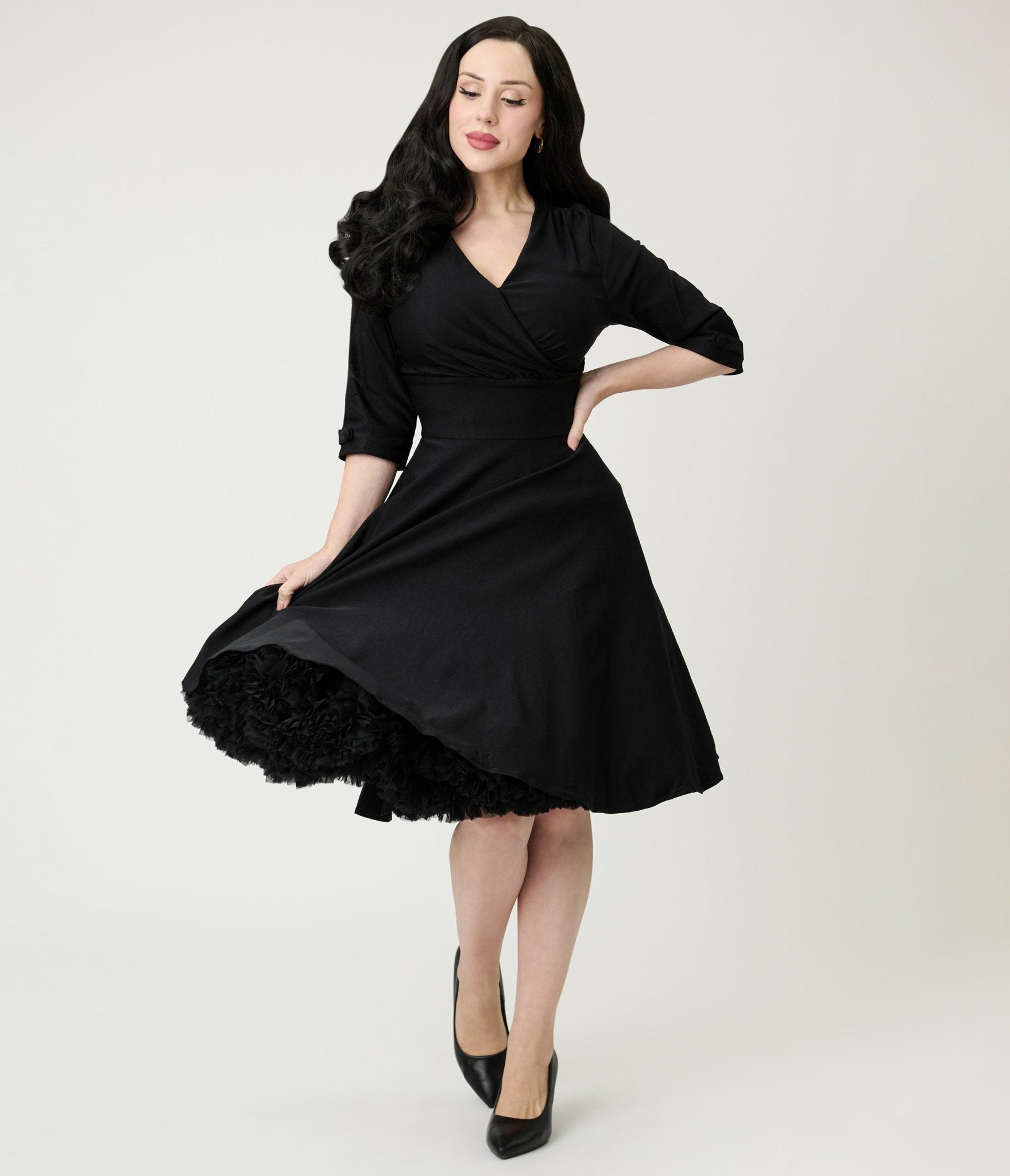 Black Surplice Neck Swing Dress Black Surplice Neck Swing Dress