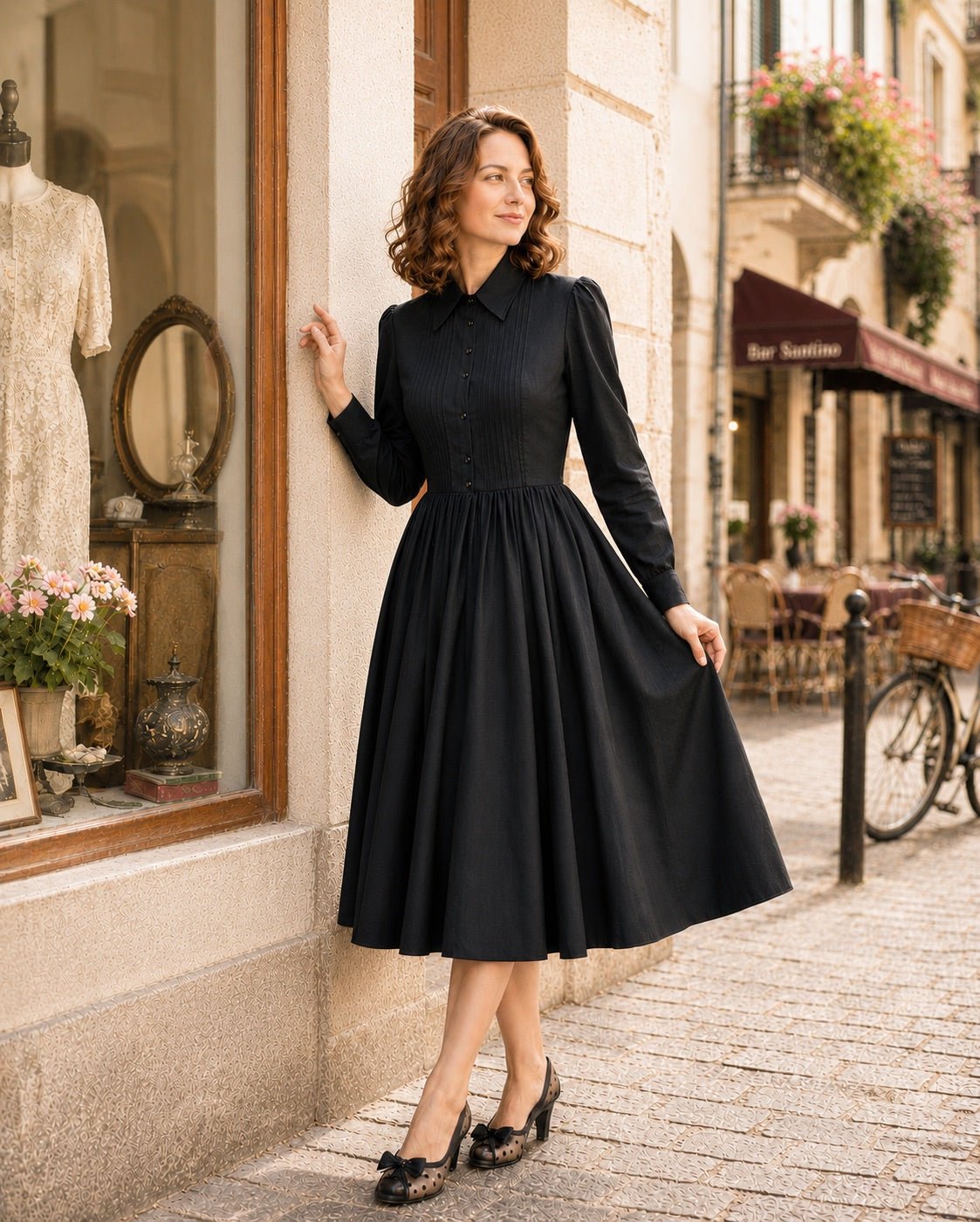 Black Three Quarter Sleeve Shirt Dress - Large