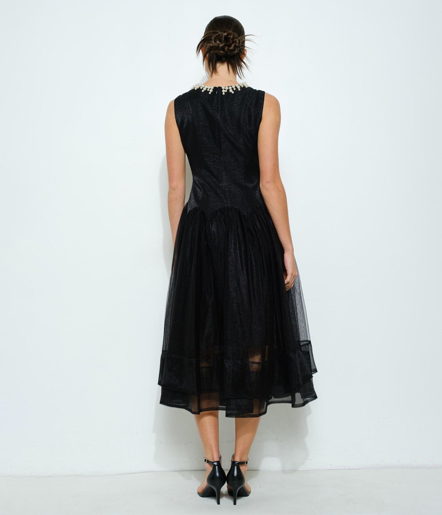 Black Tulle & Pearl Collar Midi Dress - Unique Vintage - Womens, DRESSES, MIDI