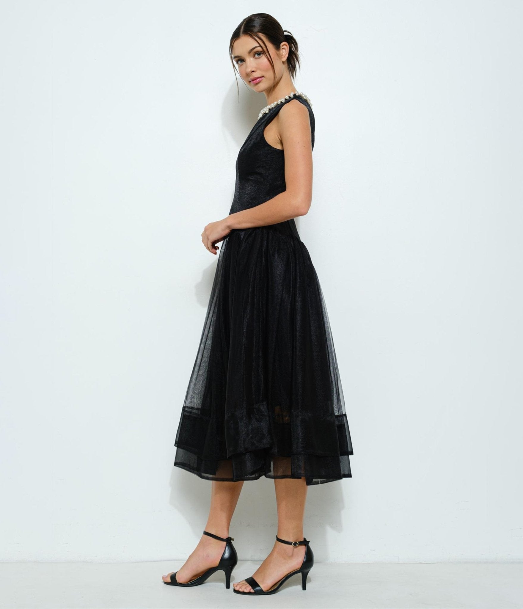 Black Tulle & Pearl Collar Midi Dress - Unique Vintage - Womens, DRESSES, MIDI