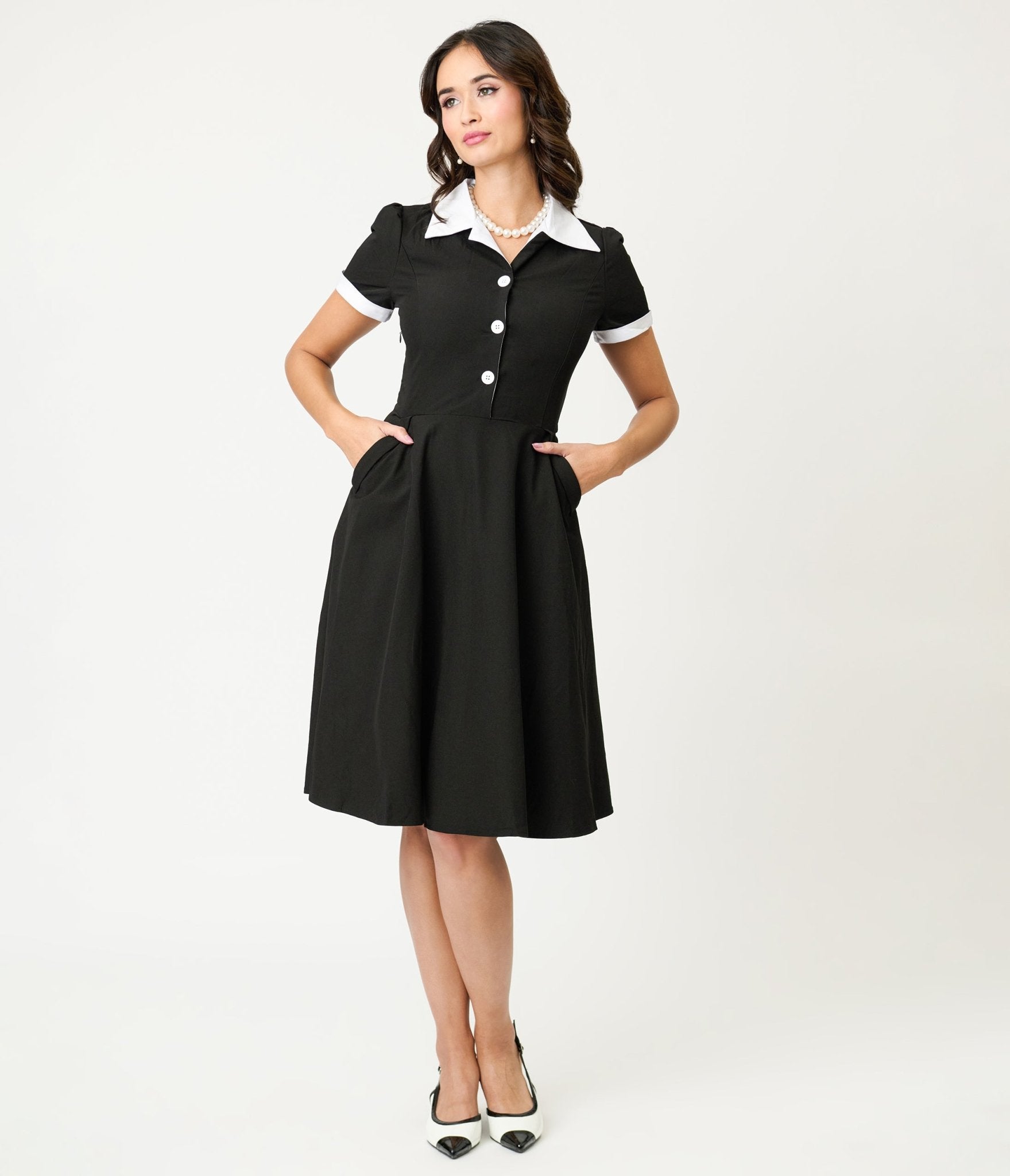 Black & White Collared Cotton Swing Dress – Unique Vintage