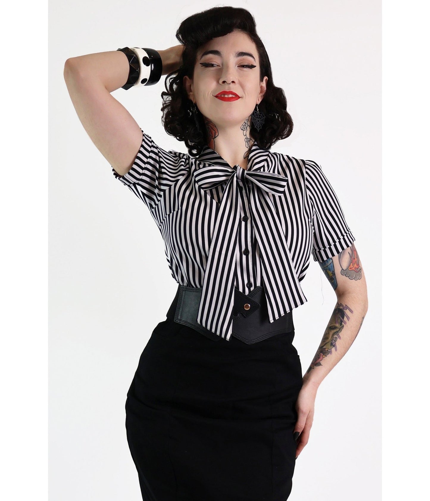 Black & White Cotton Bow Blouse - Unique Vintage - Womens, TOPS, WOVEN TOPS