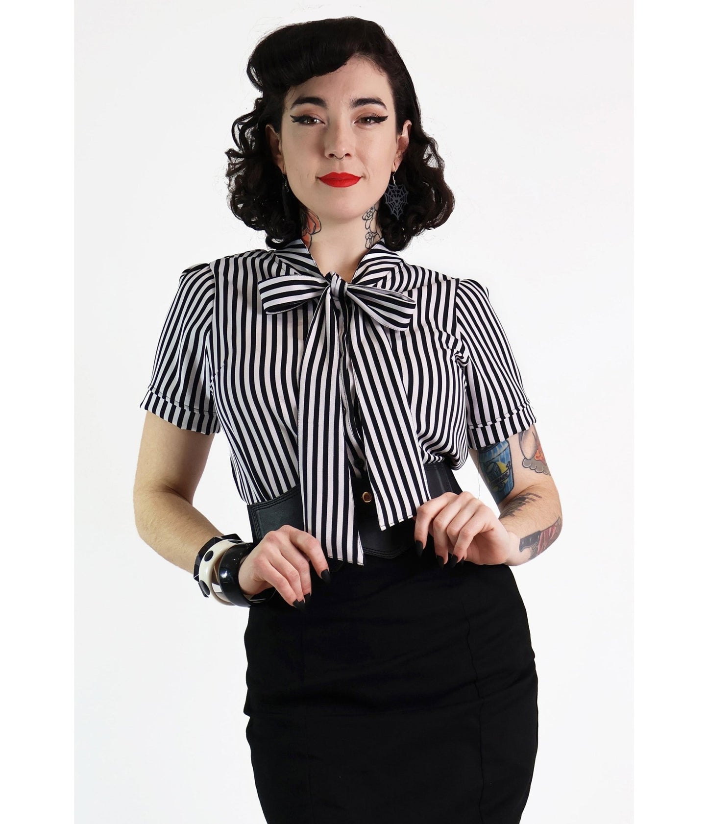 Black & White Cotton Bow Blouse - Unique Vintage - Womens, TOPS, WOVEN TOPS