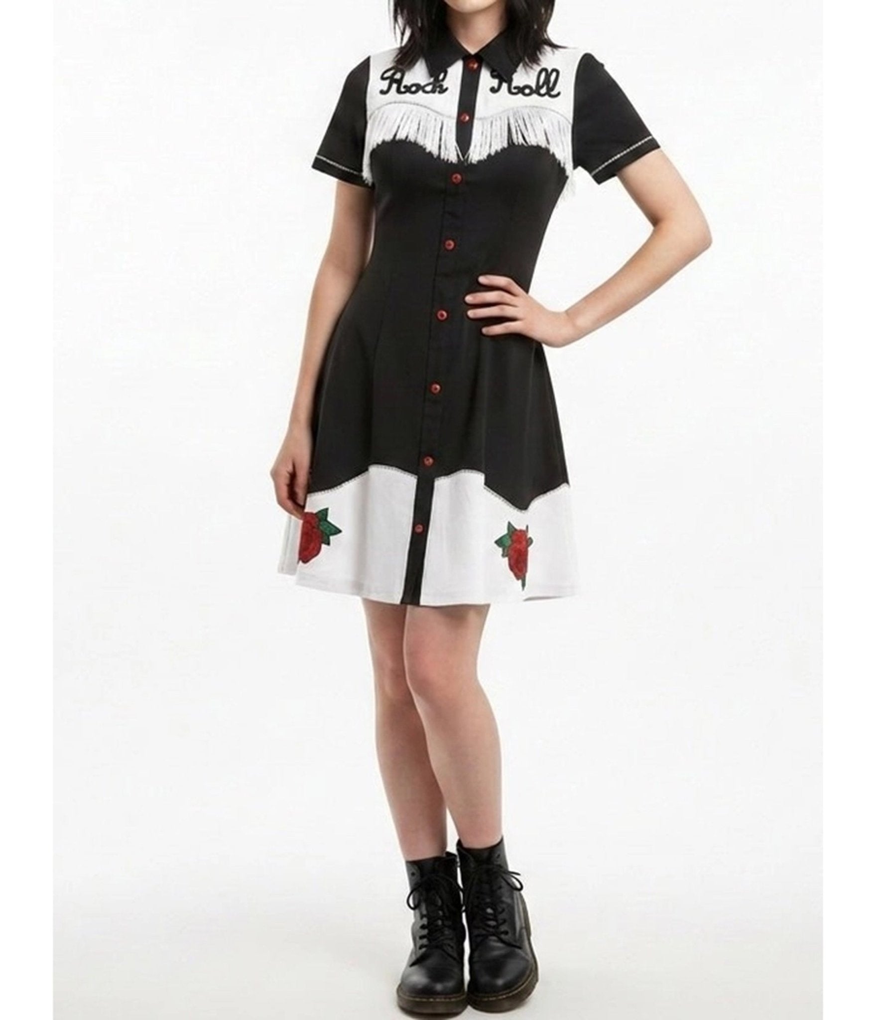 Black & White Embroidered Fringe Shirt Dress - Small