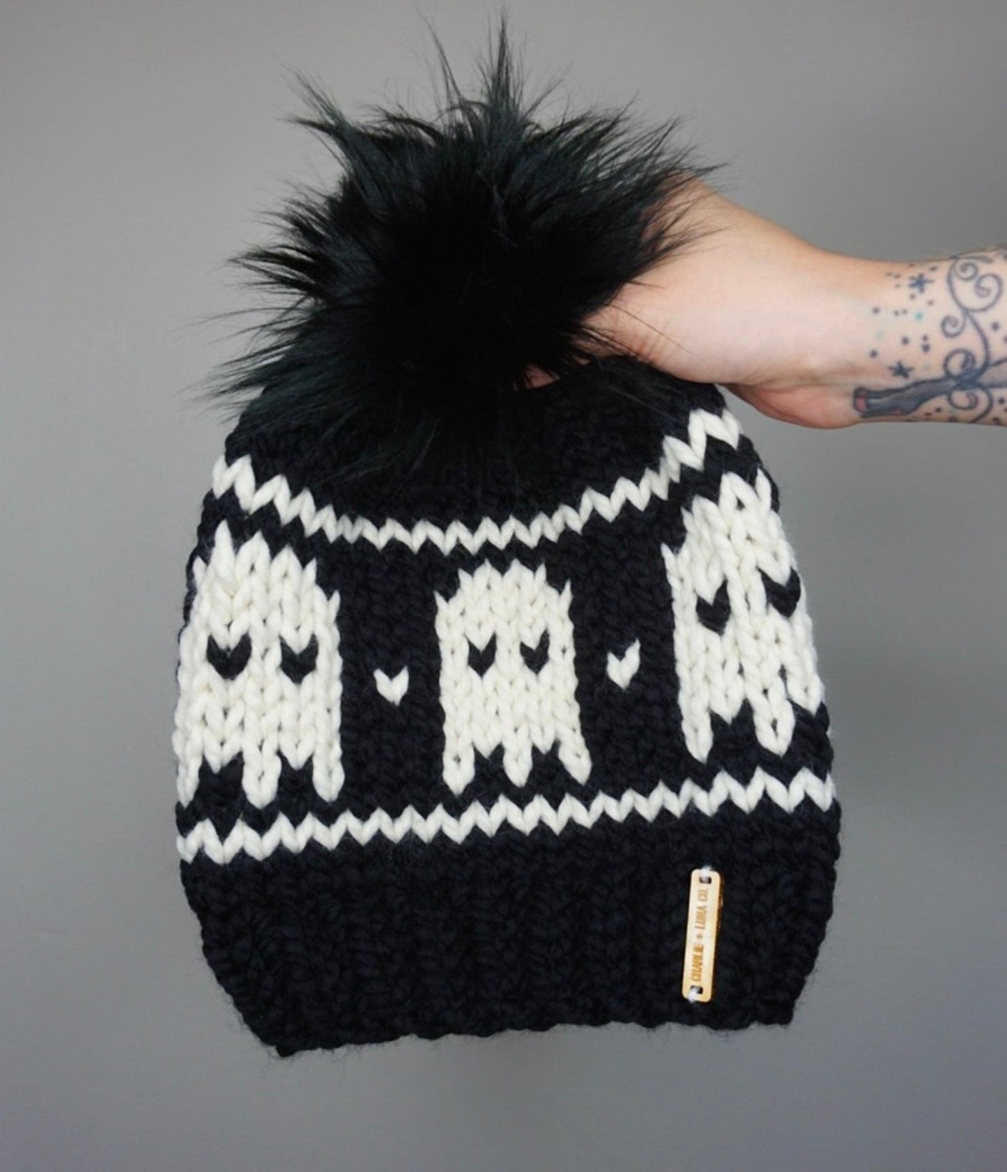 Black & White Ghost Knit Beanie - Unique Vintage - Womens, ACCESSORIES, HATS