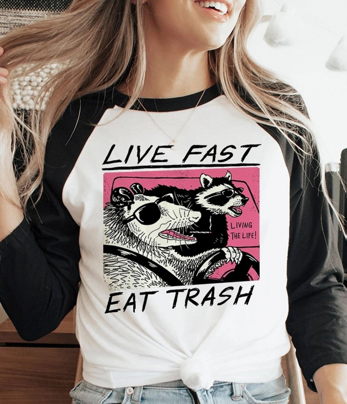 Black & White Live Fast Eat Trash Graphic Baseball Tee - Unique Vintage - Womens, GRAPHIC TEES, TEES