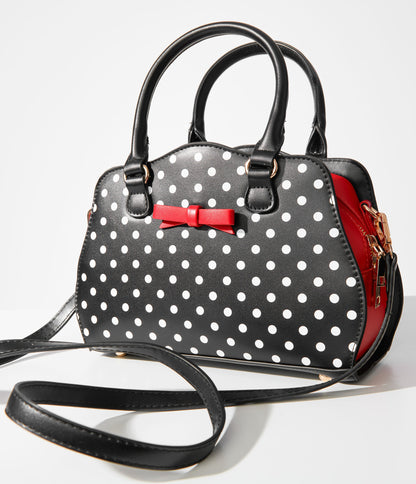 Black & White Poppy Polka Dot Handbag - Unique Vintage - Womens, ACCESSORIES, HANDBAGS