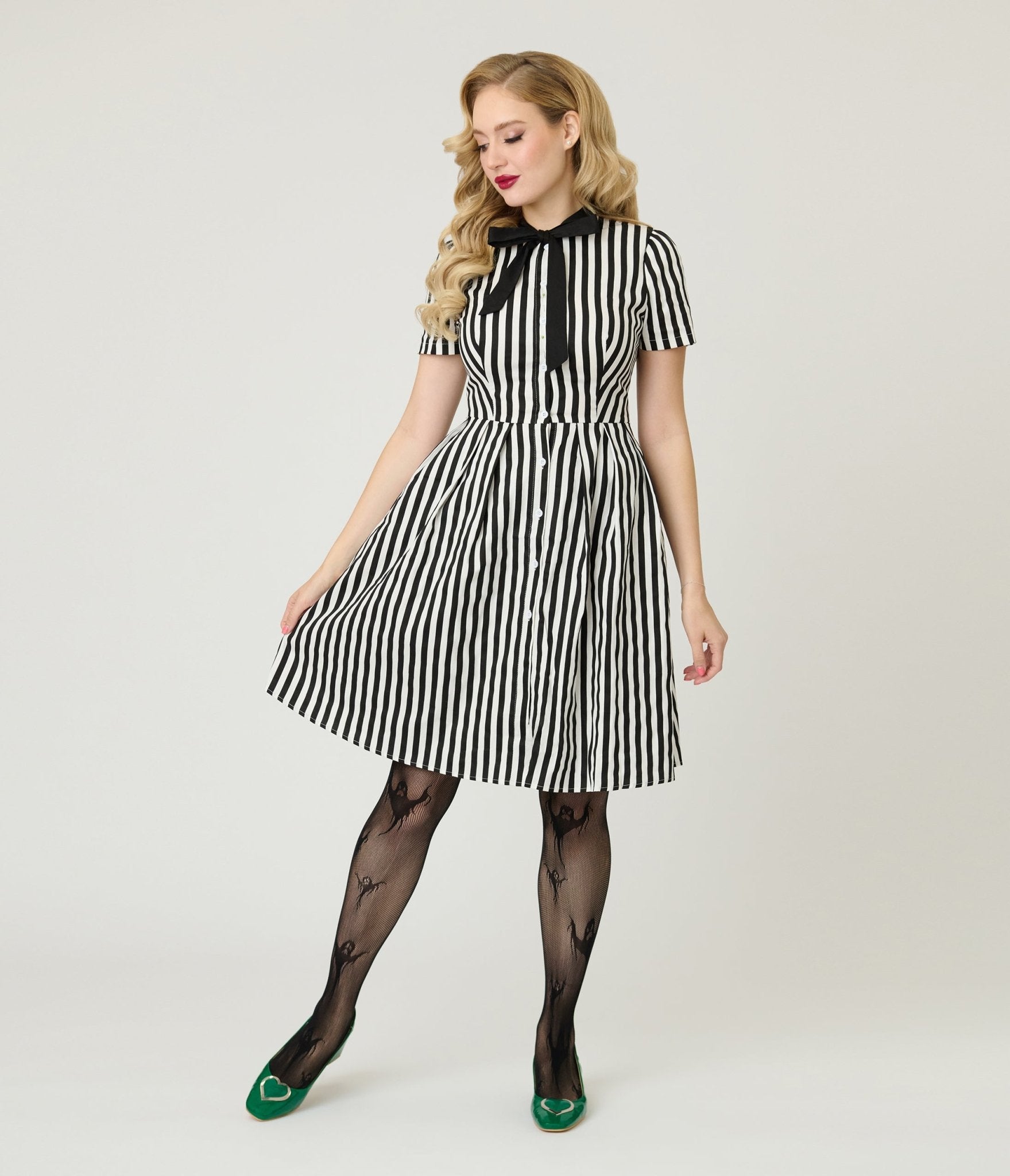 slim fit dress slacks Black & White Stripe Flare Dress – Unique Vintage