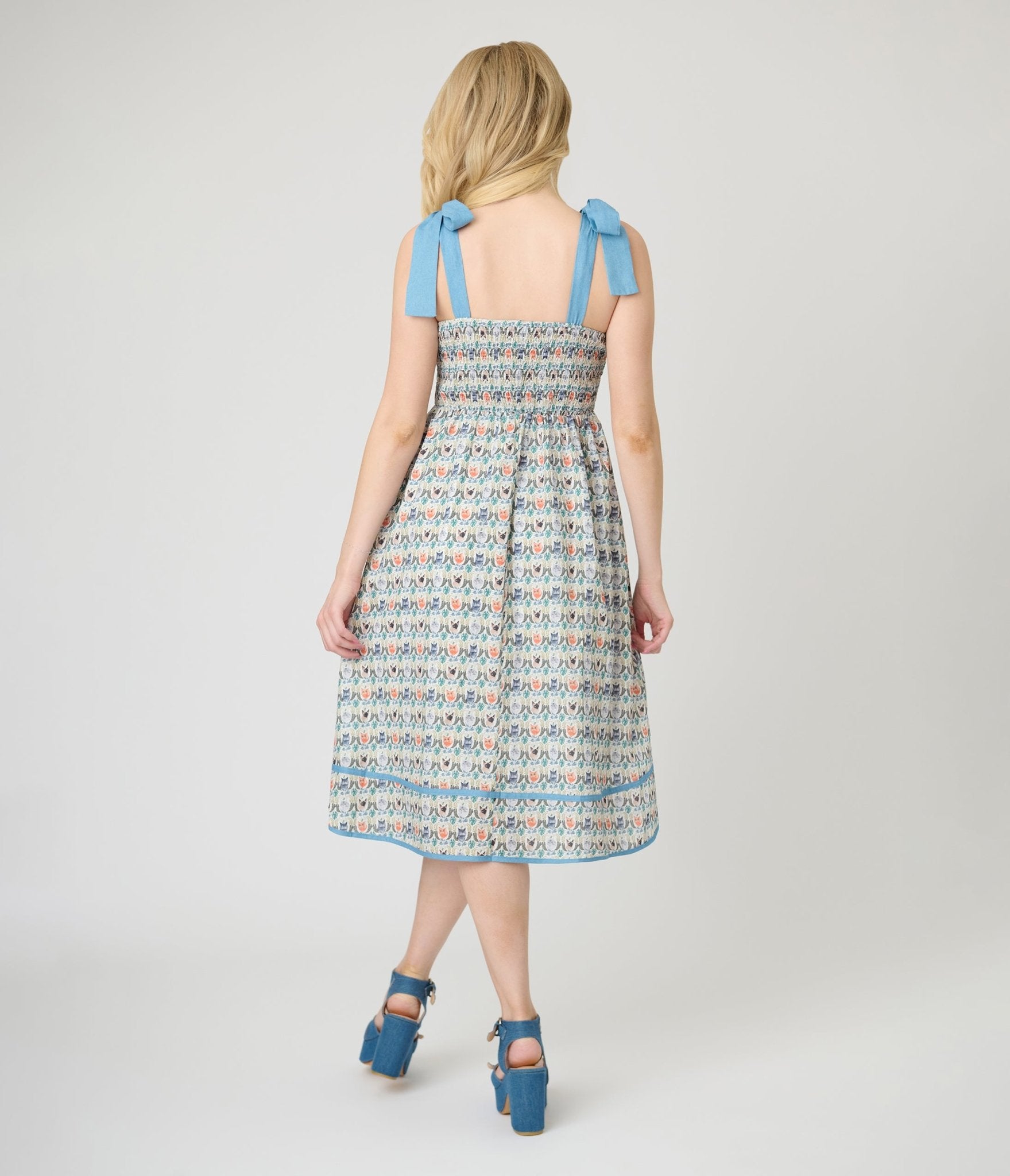 Blue Cat Face Print Smocked Midi Dress - Unique Vintage - Womens, DRESSES, MIDI