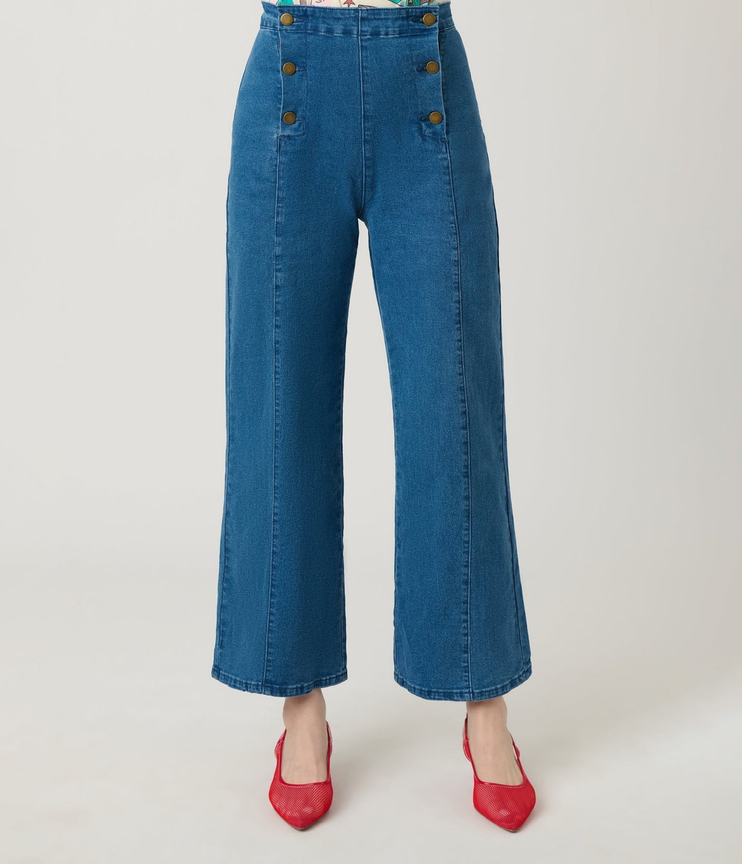 Blue Denim High Waisted Sailor Jeans - Unique Vintage - Womens, BOTTOMS, PANTS