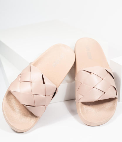 Blush Pink Leatherette Woven Slide Sandals - Unique Vintage - Womens, SHOES, SANDALS