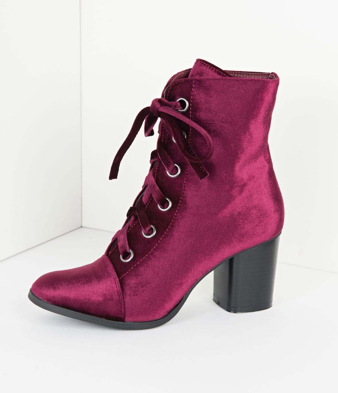 Bordeaux Purple Velvet Lace Up Bootie - Unique Vintage - Womens, SHOES, BOOTS