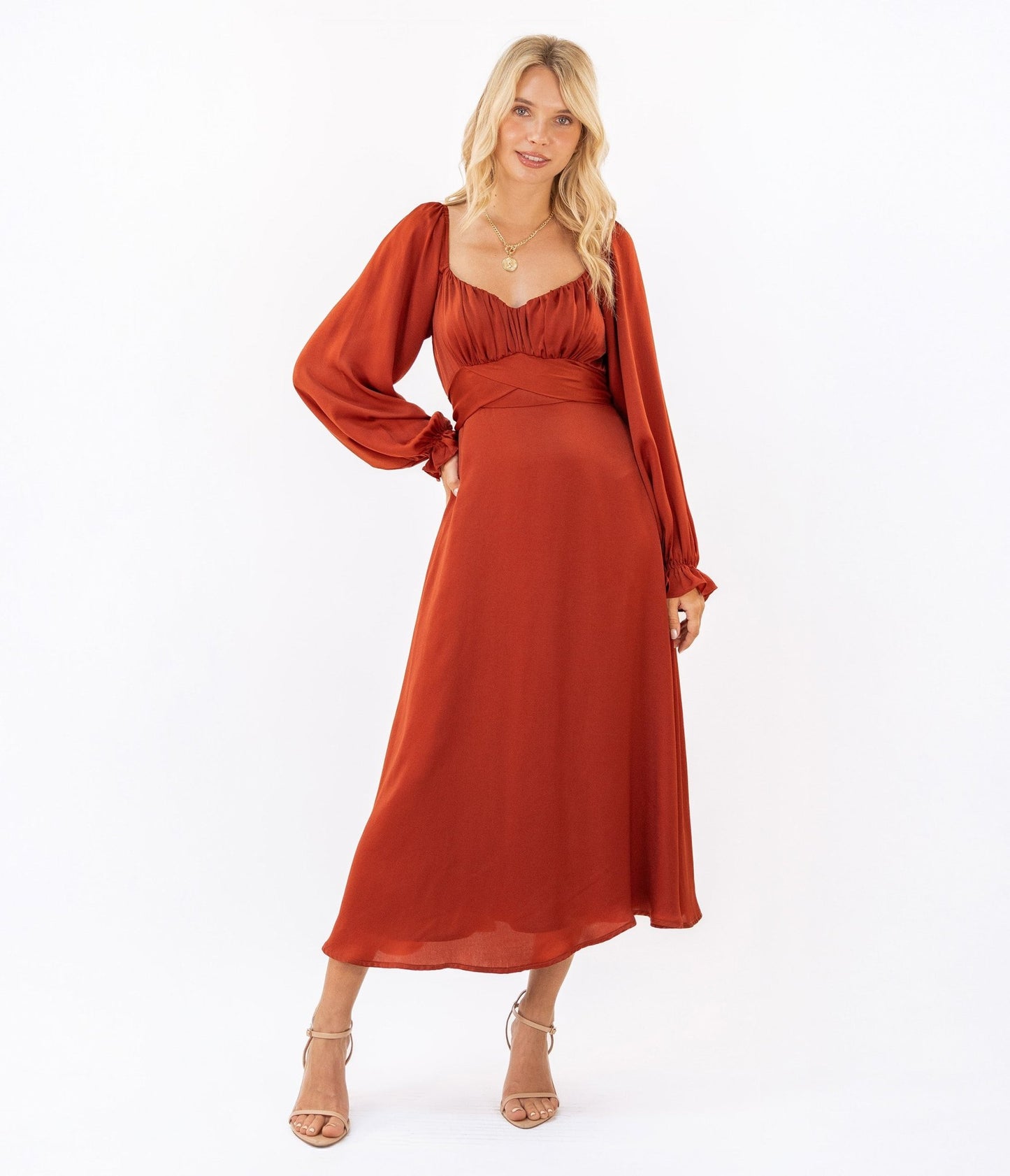 Brick Red Long Sleeve Midi Dress - Unique Vintage - Womens, DRESSES, MIDI