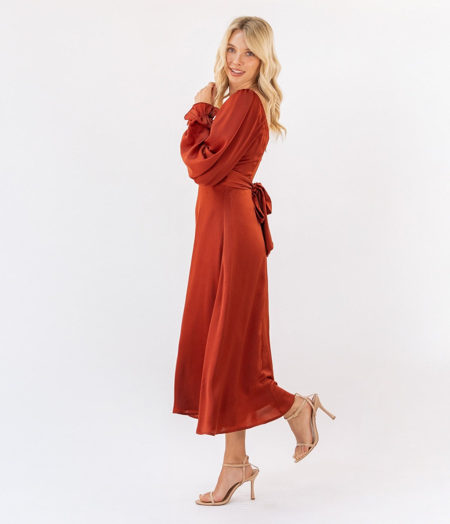 Brick Red Long Sleeve Midi Dress - Unique Vintage - Womens, DRESSES, MIDI