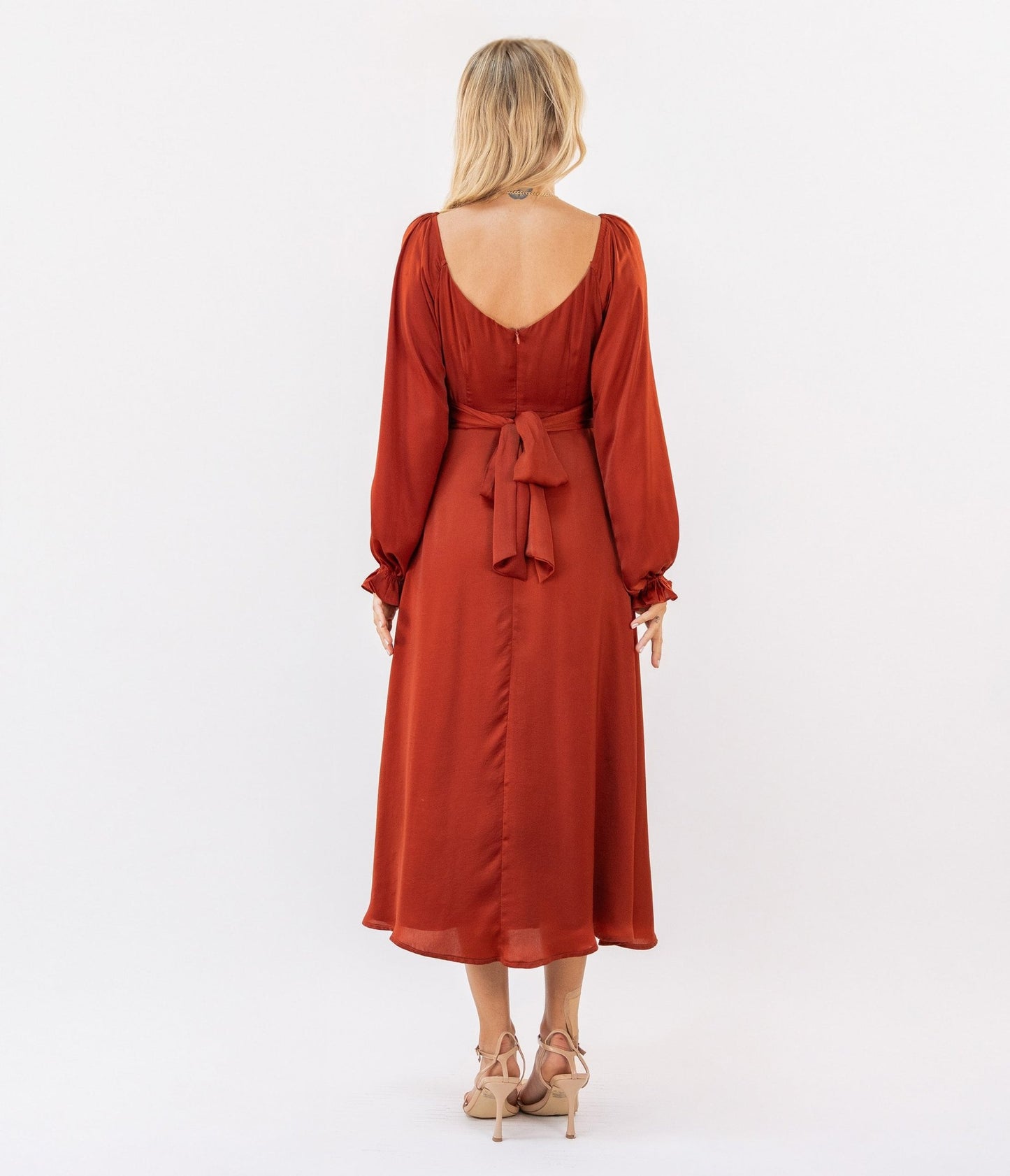 Brick Red Long Sleeve Midi Dress - Unique Vintage - Womens, DRESSES, MIDI