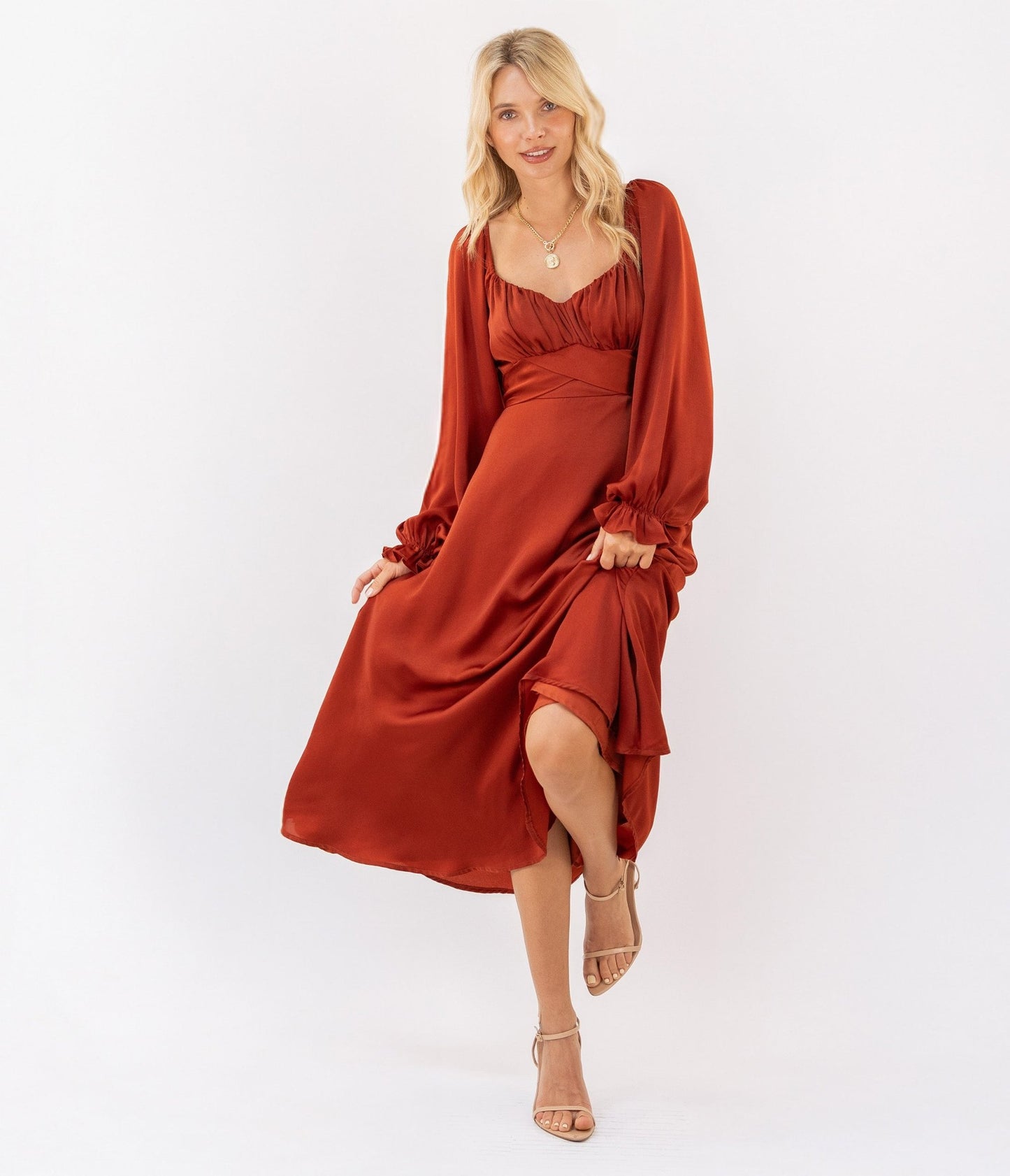 Brick Red Long Sleeve Midi Dress - Unique Vintage - Womens, DRESSES, MIDI