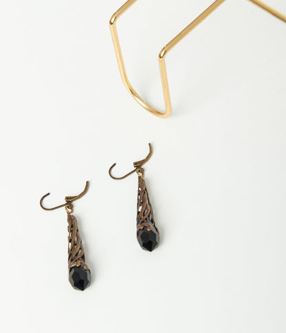 Bronze Art Deco & Black Rhinestone Drop Earrings - Unique Vintage - Womens, ACCESSORIES, JEWELRY