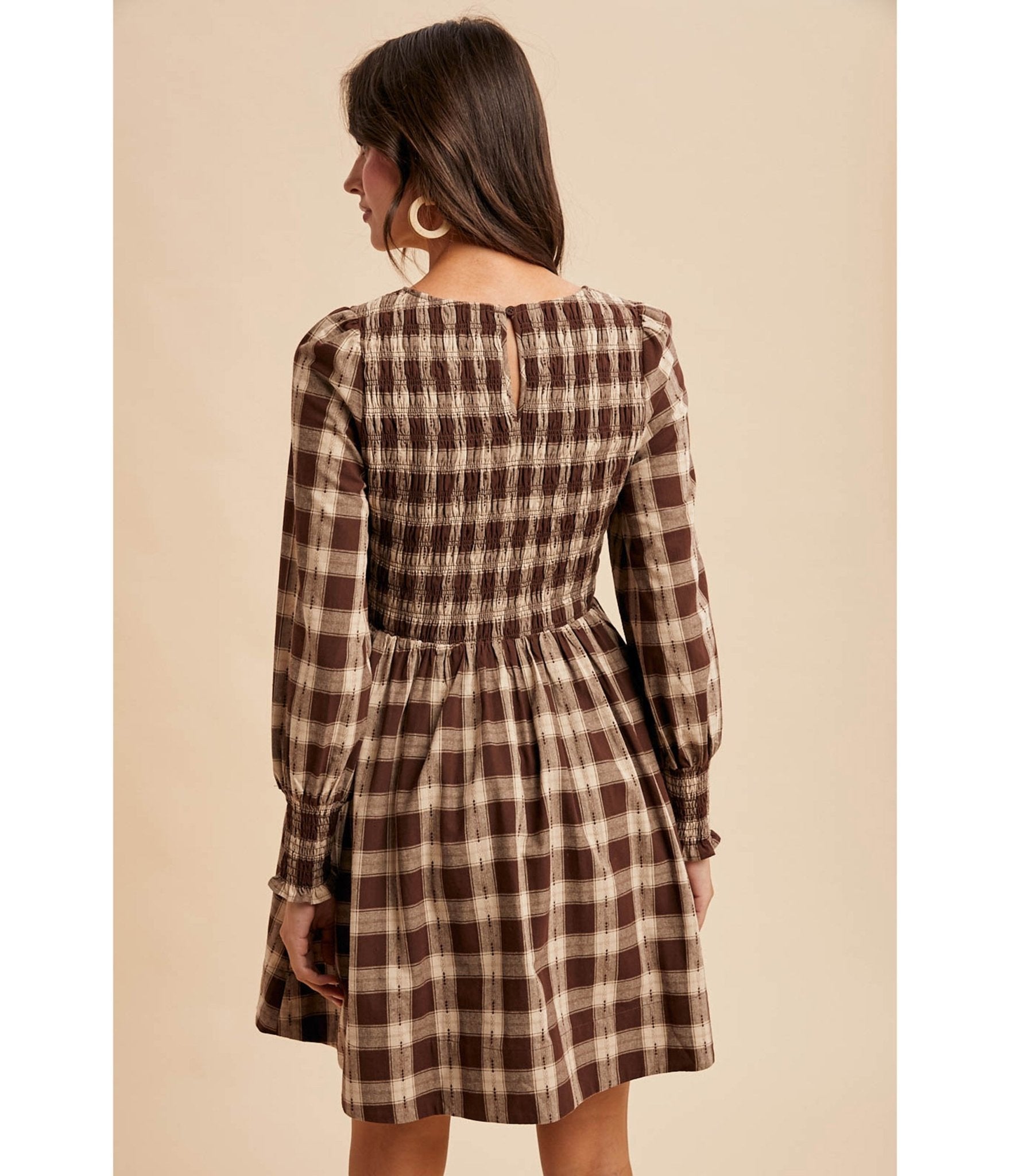 Brown Gingham Smocked Cotton Mini Dress - Unique Vintage - Womens, DRESSES, FIT AND FLARE