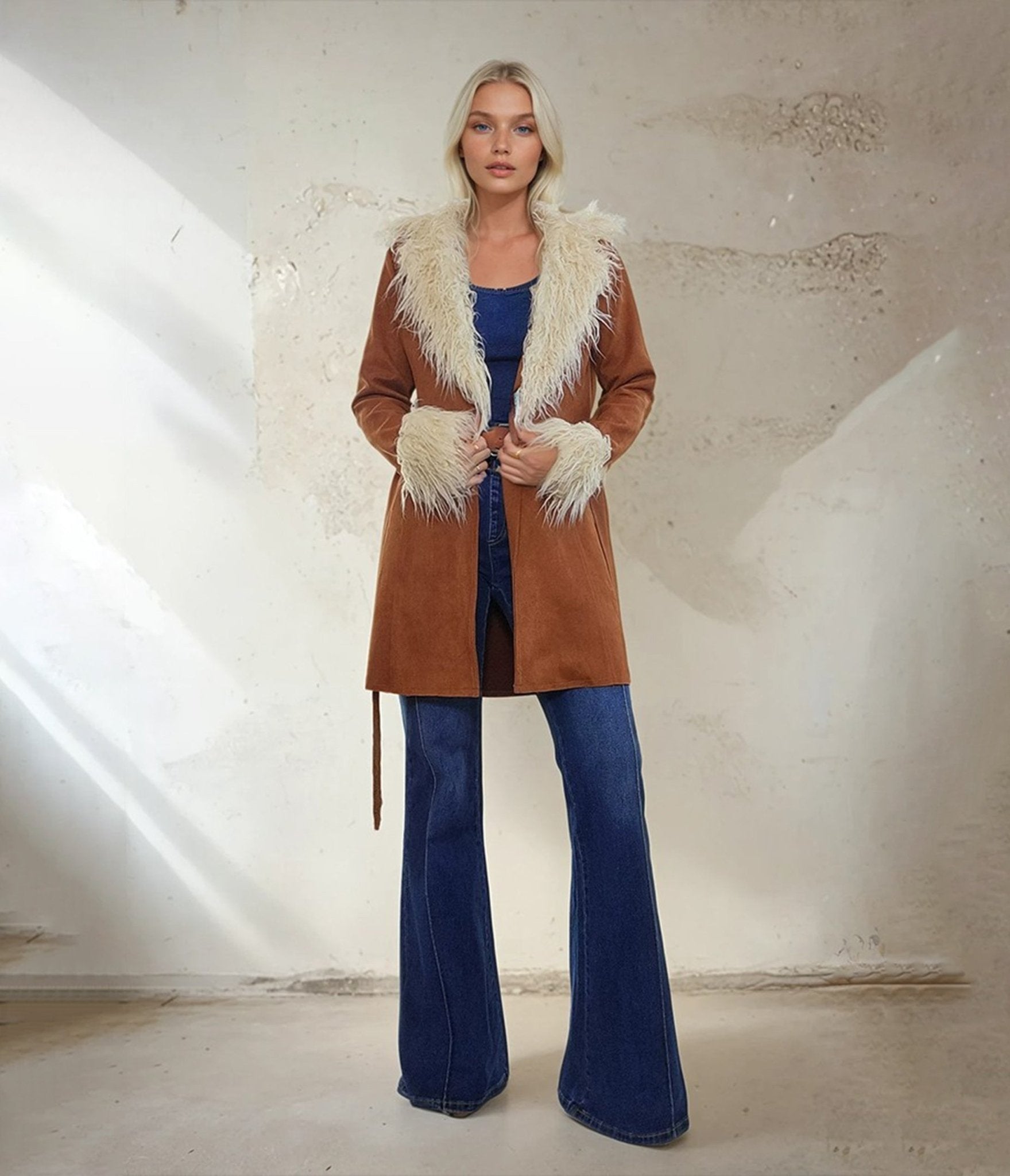 Brown Suede & Cream Fur Penny Lane Coat - Unique Vintage -