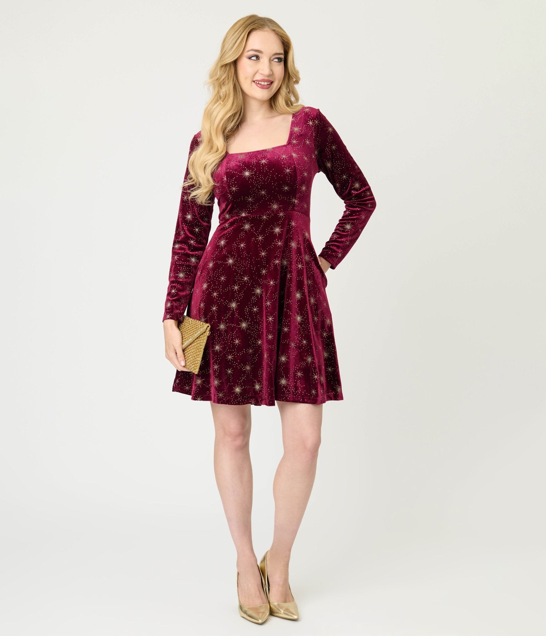 Burgundy Celestial Velvet Mini Dress - Unique Vintage - Womens, DRESSES, FIT AND FLARE
