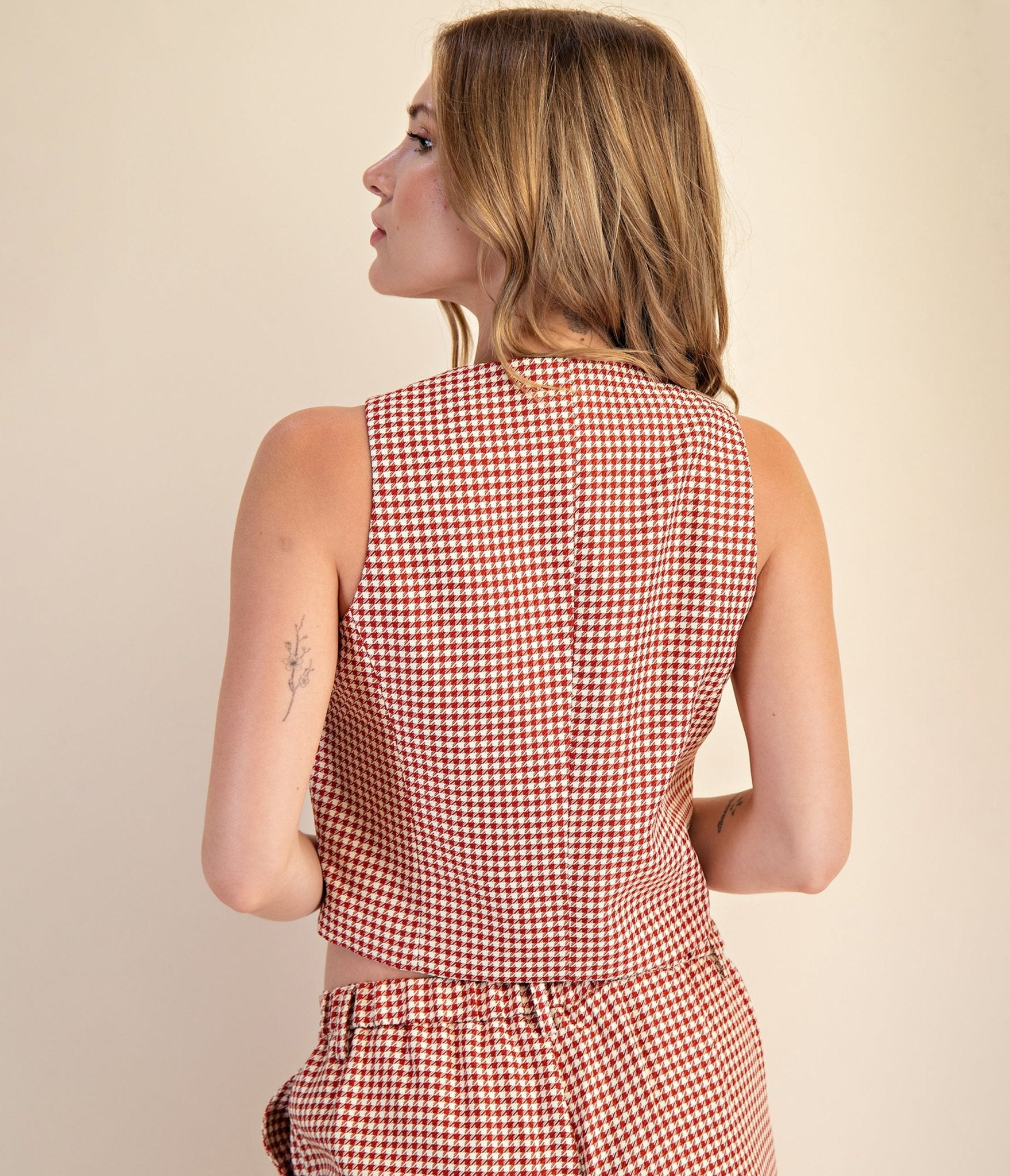 Burgundy Houndstooth Sleeveless Blouse - Unique Vintage - Womens, TOPS, WOVEN TOPS