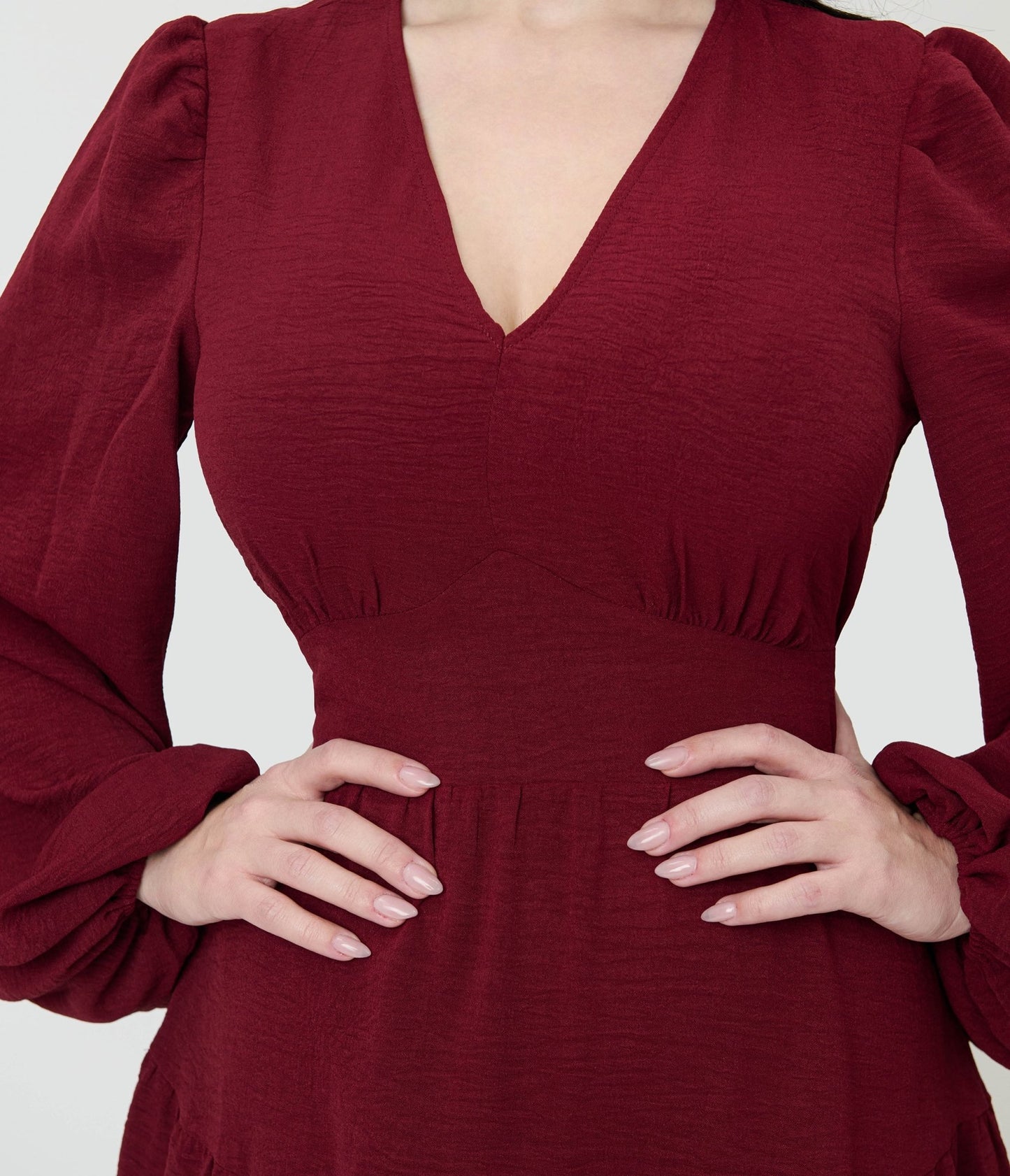 Burgundy Long Sleeve Mini Dress - Unique Vintage - Womens, DRESSES, FIT AND FLARE