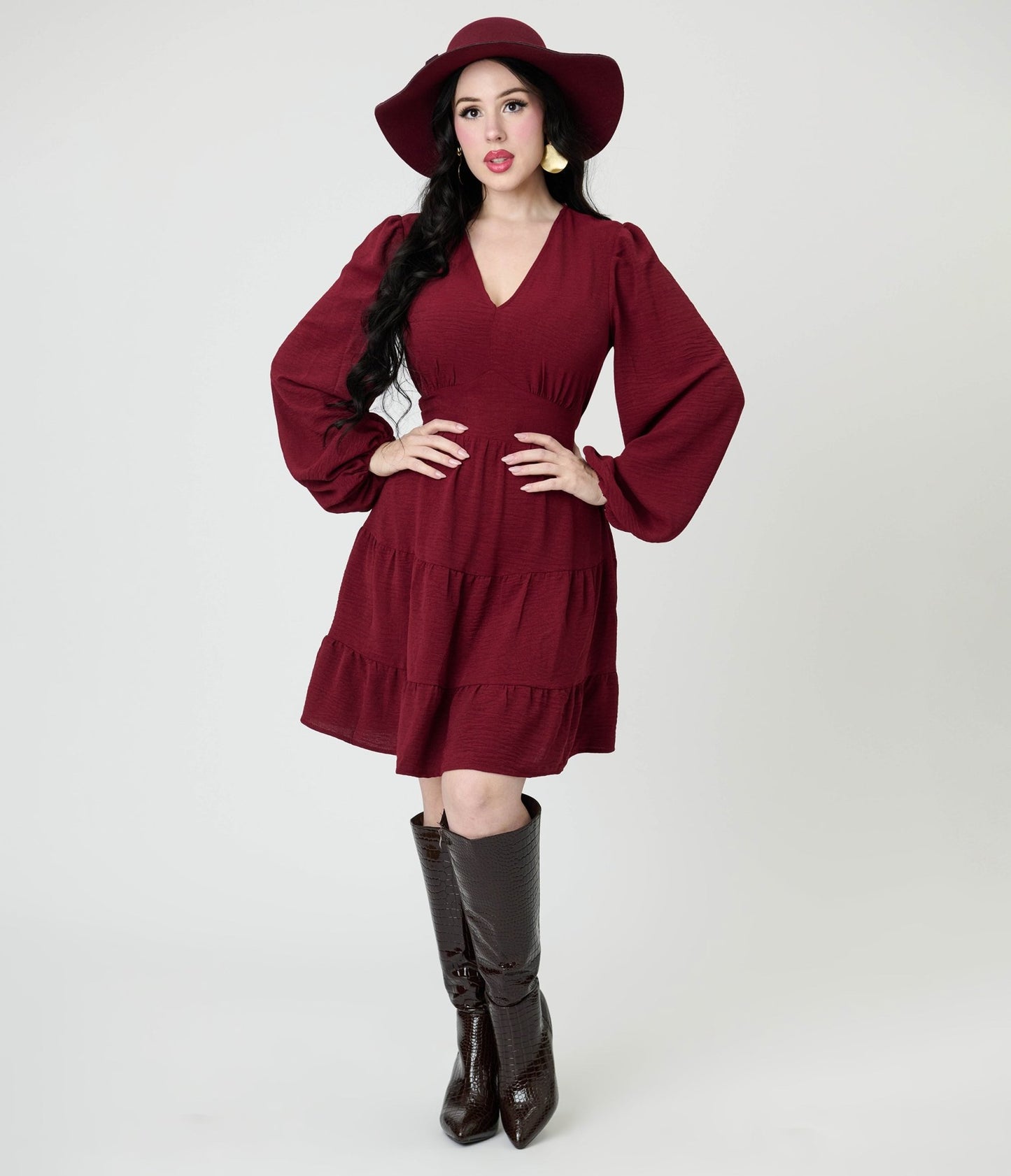 Burgundy Long Sleeve Mini Dress - Unique Vintage - Womens, DRESSES, FIT AND FLARE
