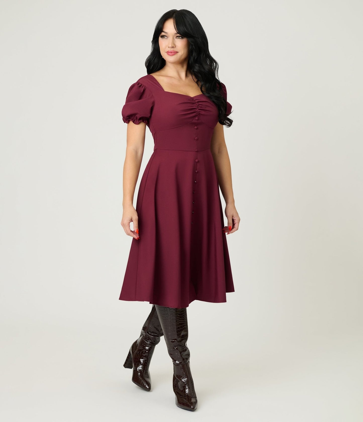 Burgundy Puff Sleeve Tea Length Dress - Unique Vintage - Womens, DRESSES, FIT AND FLARE