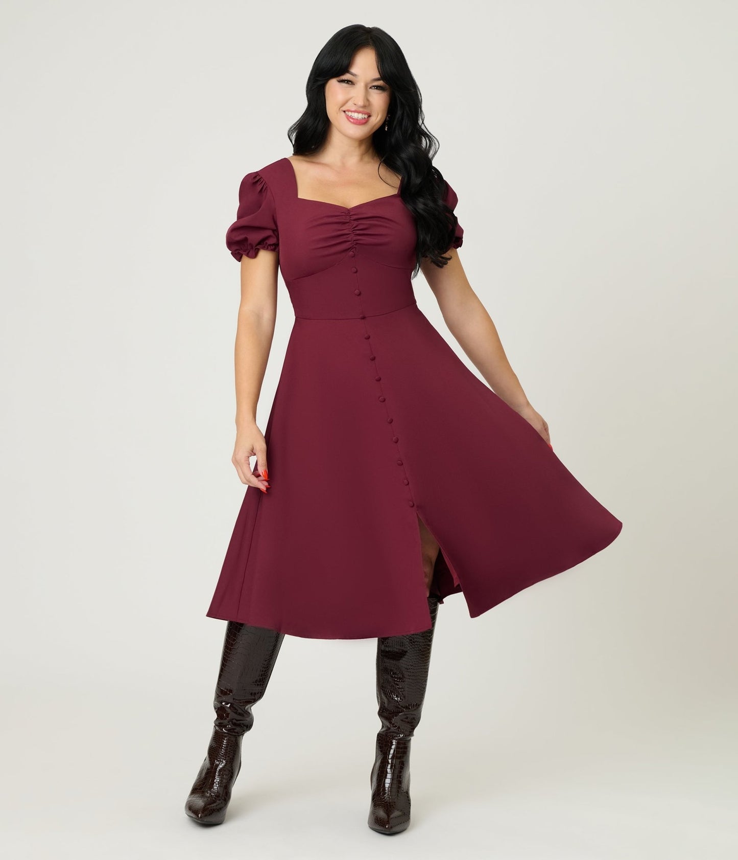 Burgundy Puff Sleeve Tea Length Dress - Unique Vintage - Womens, DRESSES, FIT AND FLARE